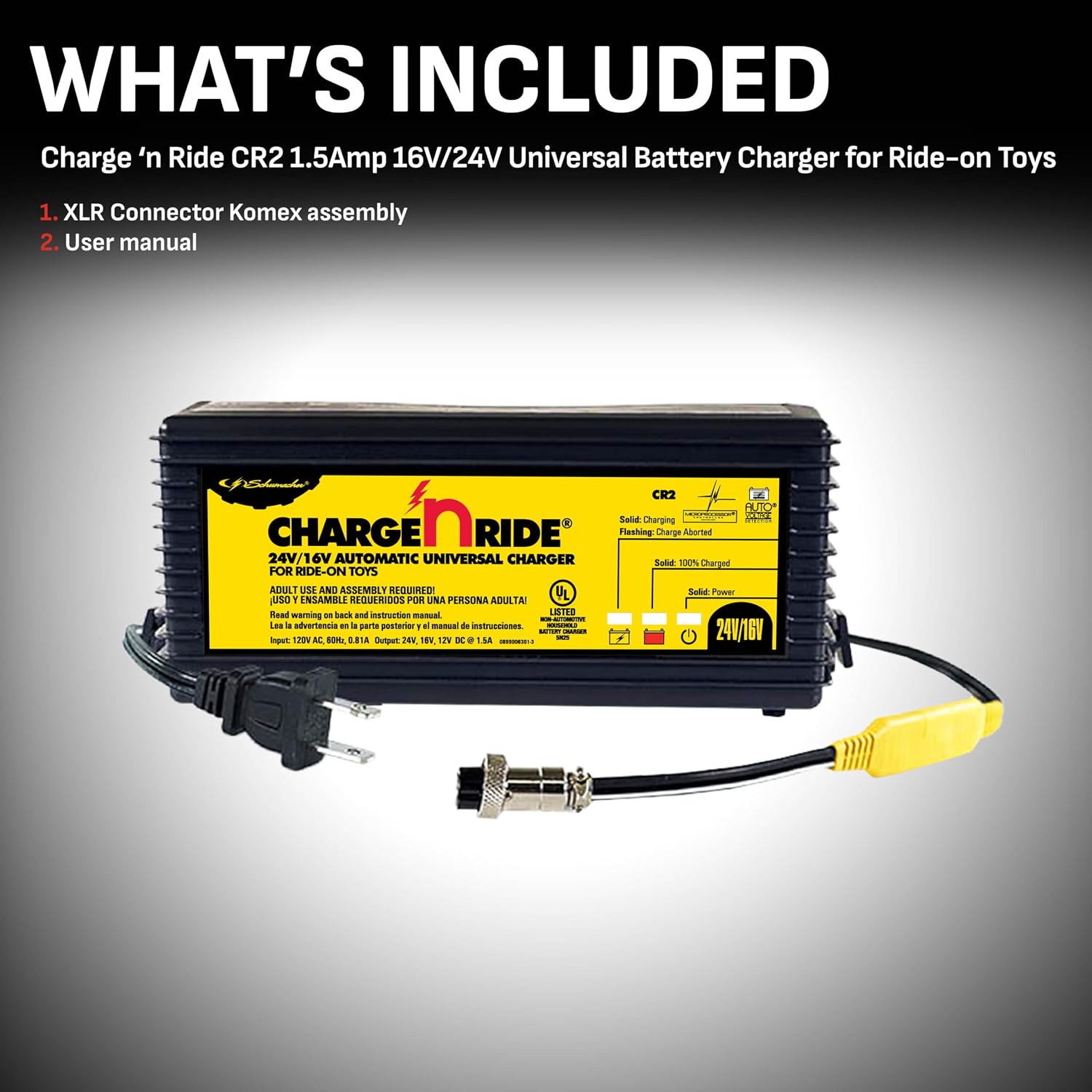 Schumacher Electric Charge 'n Ride Universal Battery Charger and Maintainer for Ride-on Toys, CR1, 2-in-1, Fully Automatic, 3 Amps, 6 Volt, 12 Volt, Use with MotionTrendz, Power Wheels, and Peg Pergo