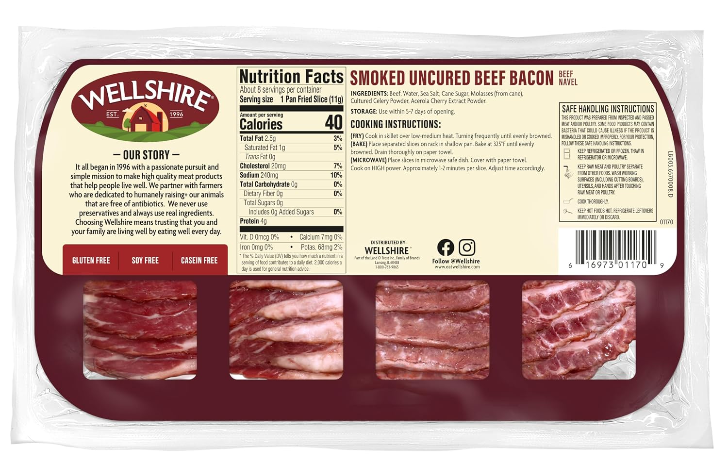 Wellshire Farms 8oz Uncured Smoked Beef Bacon – Made from Pasture-Raised Beef with No Antibiotics or Added Hormones, Bold Flavor and Ready to Serve