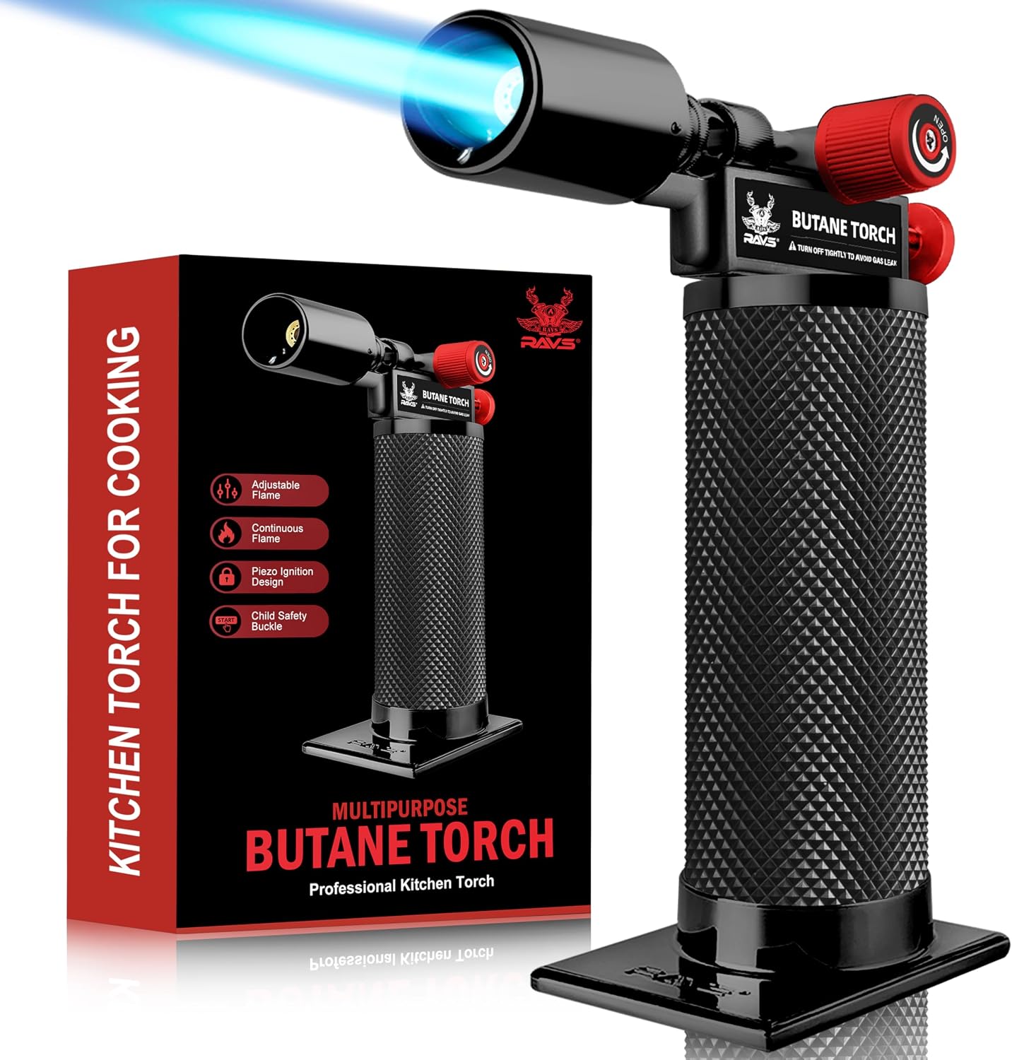 RAVS Butane Torch Lighter, Premium Metal Kitchen Torch with Adjustable Flame & Safety Buckle, Refillable Creme Brulee Torch for Baking, BBQ, DIY