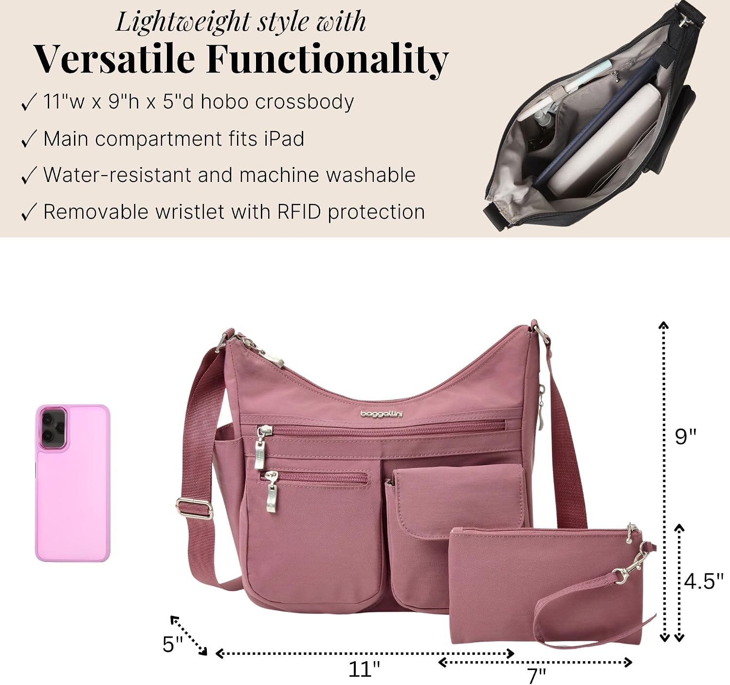 Baggallini womens Everywhere Bagg Crossbody Women 11x9 Lightweight Nylon Hobo Water-resistant Travel Bag W/Rfid