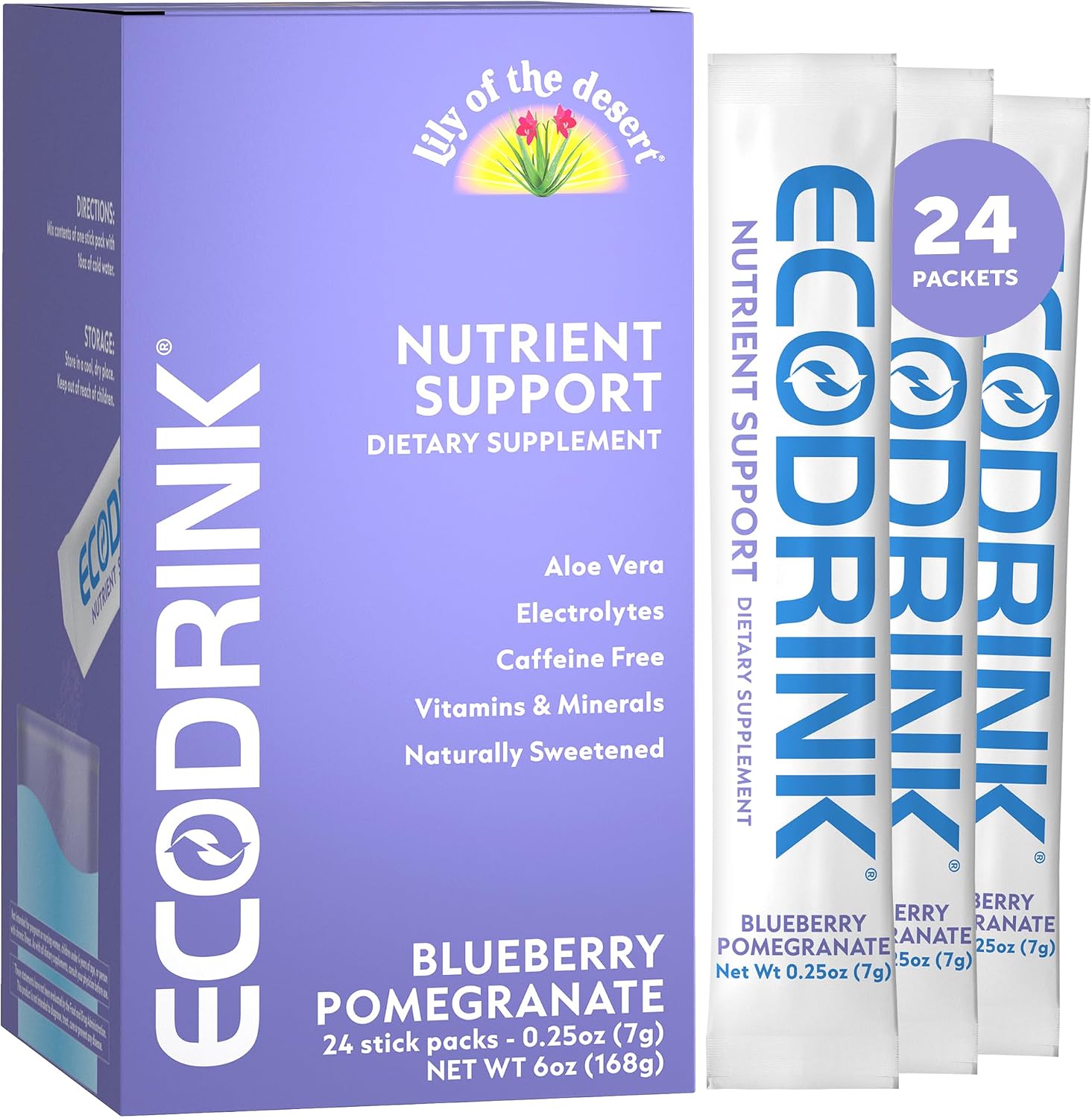 Lily of the Desert EcoDrink Nutrient Support Hydration Packets, Strawberry Lemonade – Naturally Sweetened Multivitamin Electrolyte Mix with Aloe, 24 Stick Packs/Box, 0.25 Oz Ea