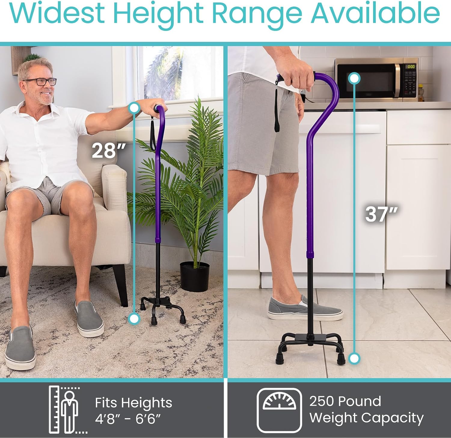 Vive Quad Cane - Walking Stick for Men and Women - Lightweight Adjustable Staff - Comfortable Right and Left Hand Grip for Stability Support - Four Prong Sturdy Aluminum Travel Aid - 4 Tip Blue | Senior 4 Prong Walking Stick for Stability & Balance- Righ…