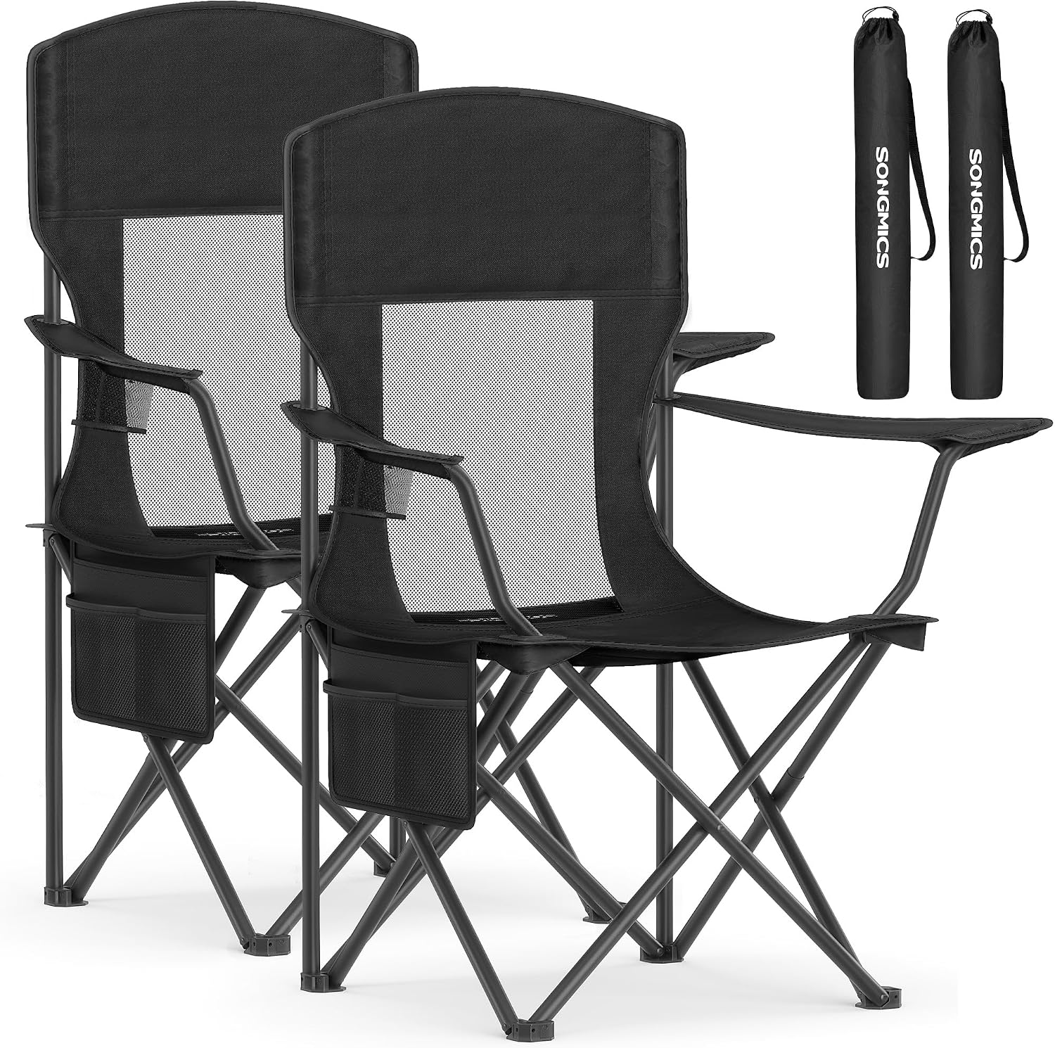 SONGMICS Camping Chair, Folding Oversized Chair, Comfortable and Heavy-Duty, 352 lb Weight Capacity, Adjustable Armrests with Cooler Bag, Storage Bag, Breathable Mesh, Bijou Blue UGCB060Q01