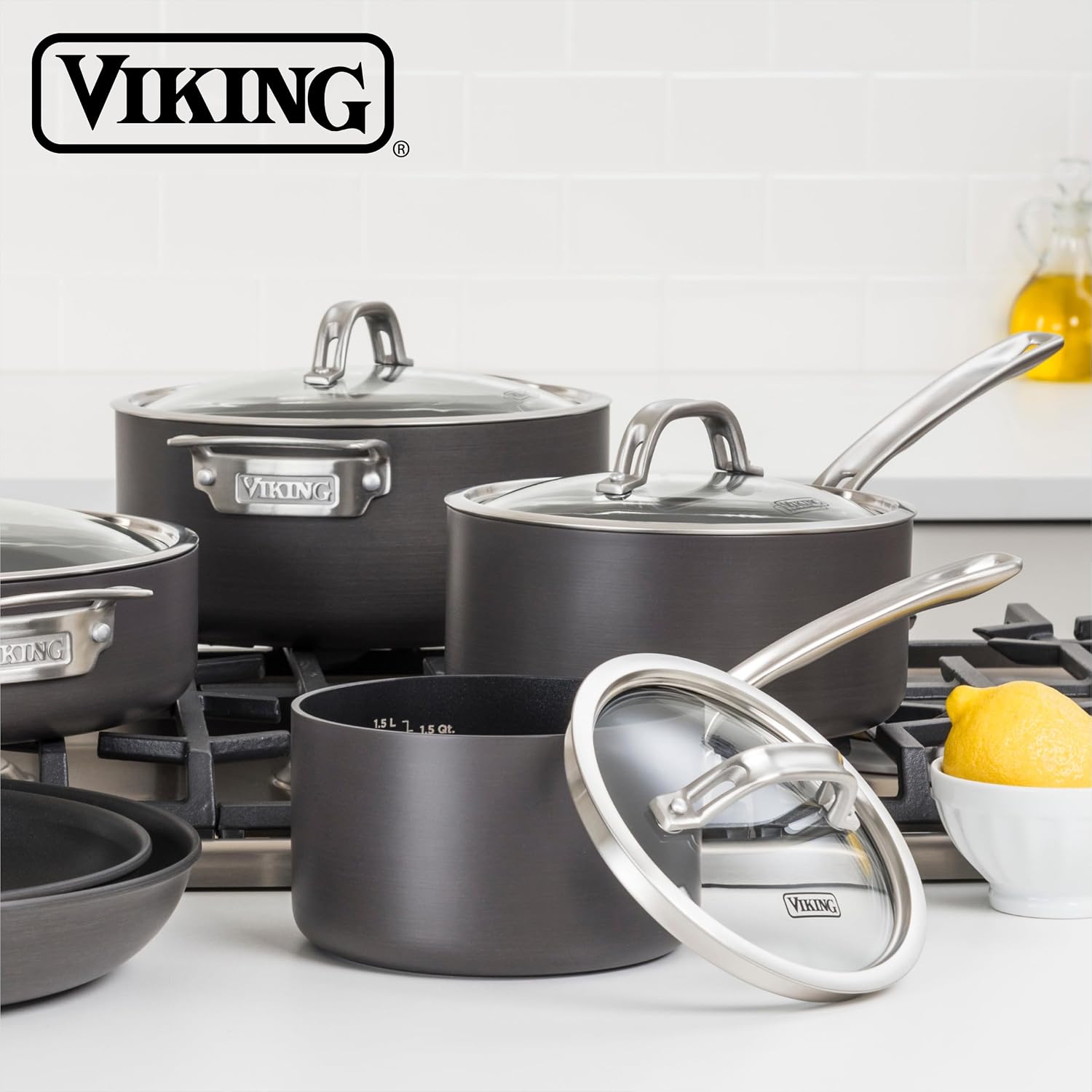 Viking Non Stick Sauce Pan with Glass Lid, 1 Quart Hard Anodized Nonstick Saucepan Cooking Pot, Dishwasher and Oven Safe, Induction Ready, Gray