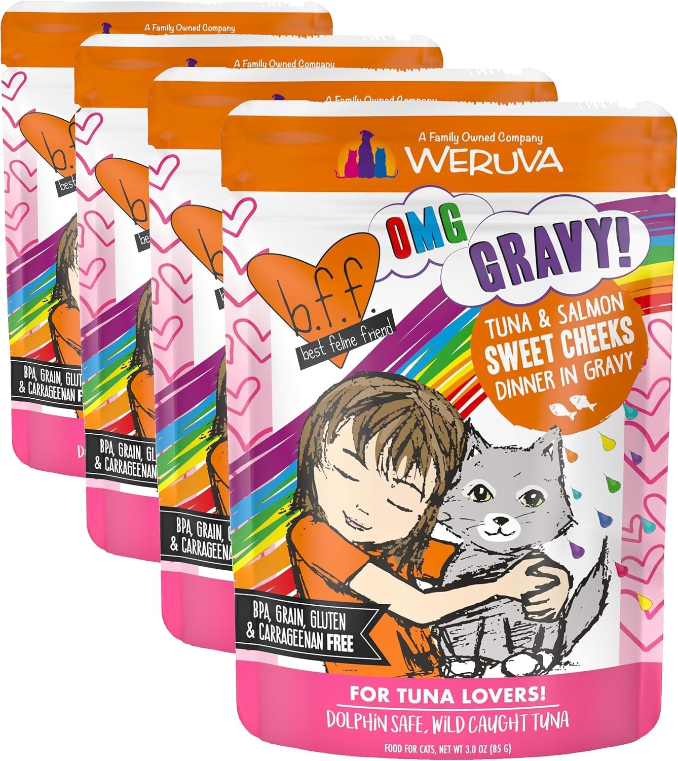 Weruva B.F.F. OMG - Best Feline Friend Oh My Gravy!, Tuna & Salmon Sweet Cheeks with Tuna & Salmon in Gravy Cat Food, 3oz Pouch (Pack of 12)