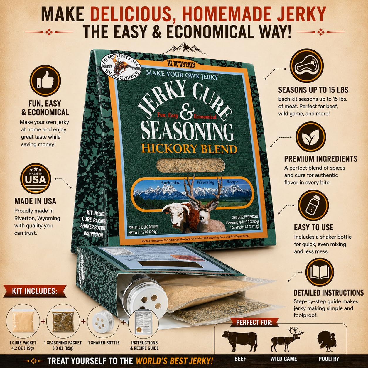 Hi Mountain HICKORY BLEND Jerky Seasoning and Cure Kit | Beef & Venison | Rich hickory smoke flavor, perfect jerky seasoning for deer, elk
