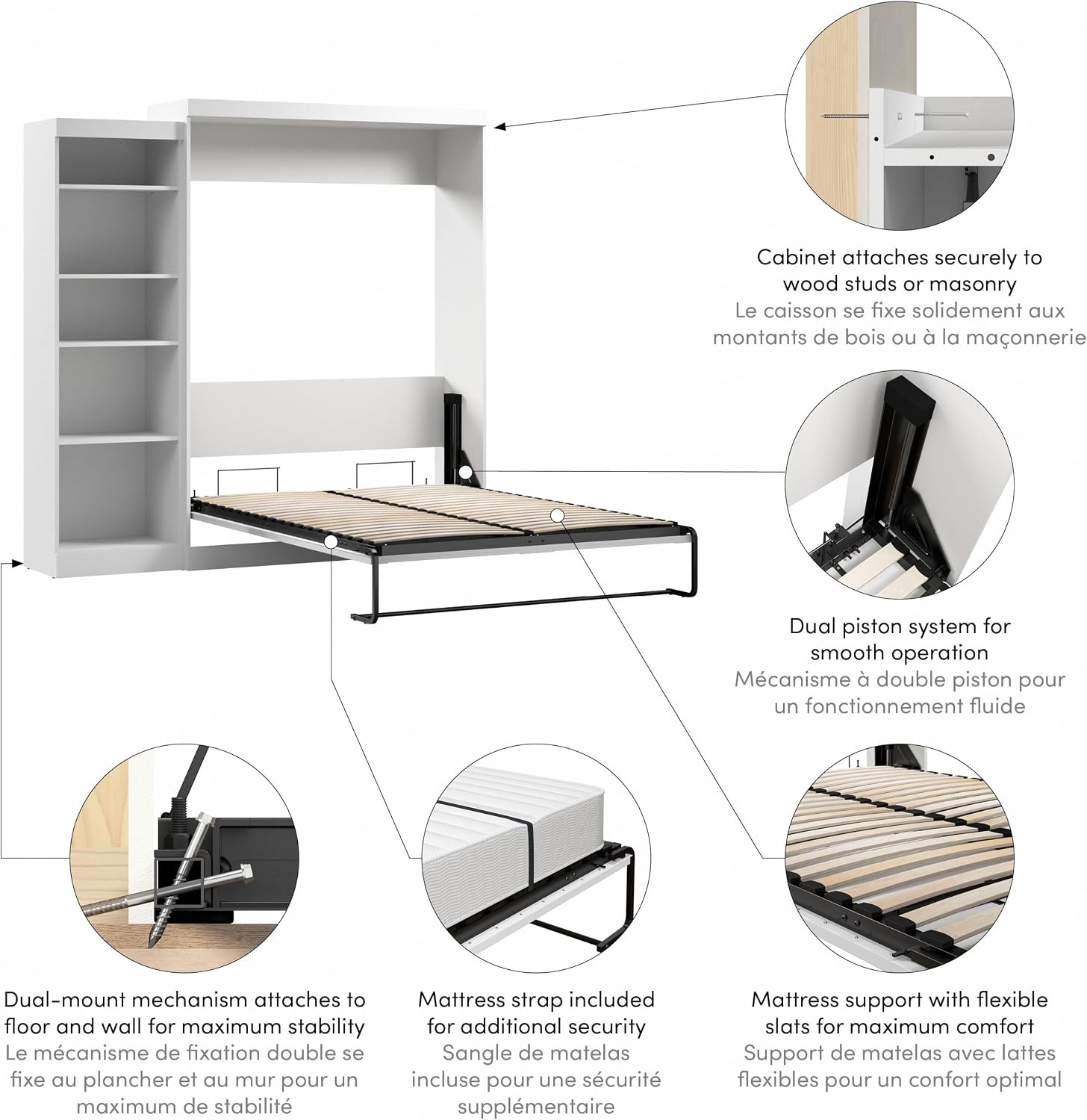Bestar Pur Queen Murphy Bed, 65-inch Space-Saving Sleeping Arrangement for Multipurpose Area, Bedroom, Guest Room, or Living Room | Dual piston mechanism; for guest room or multipurpose space; Shaker-inspired trim with metal handles