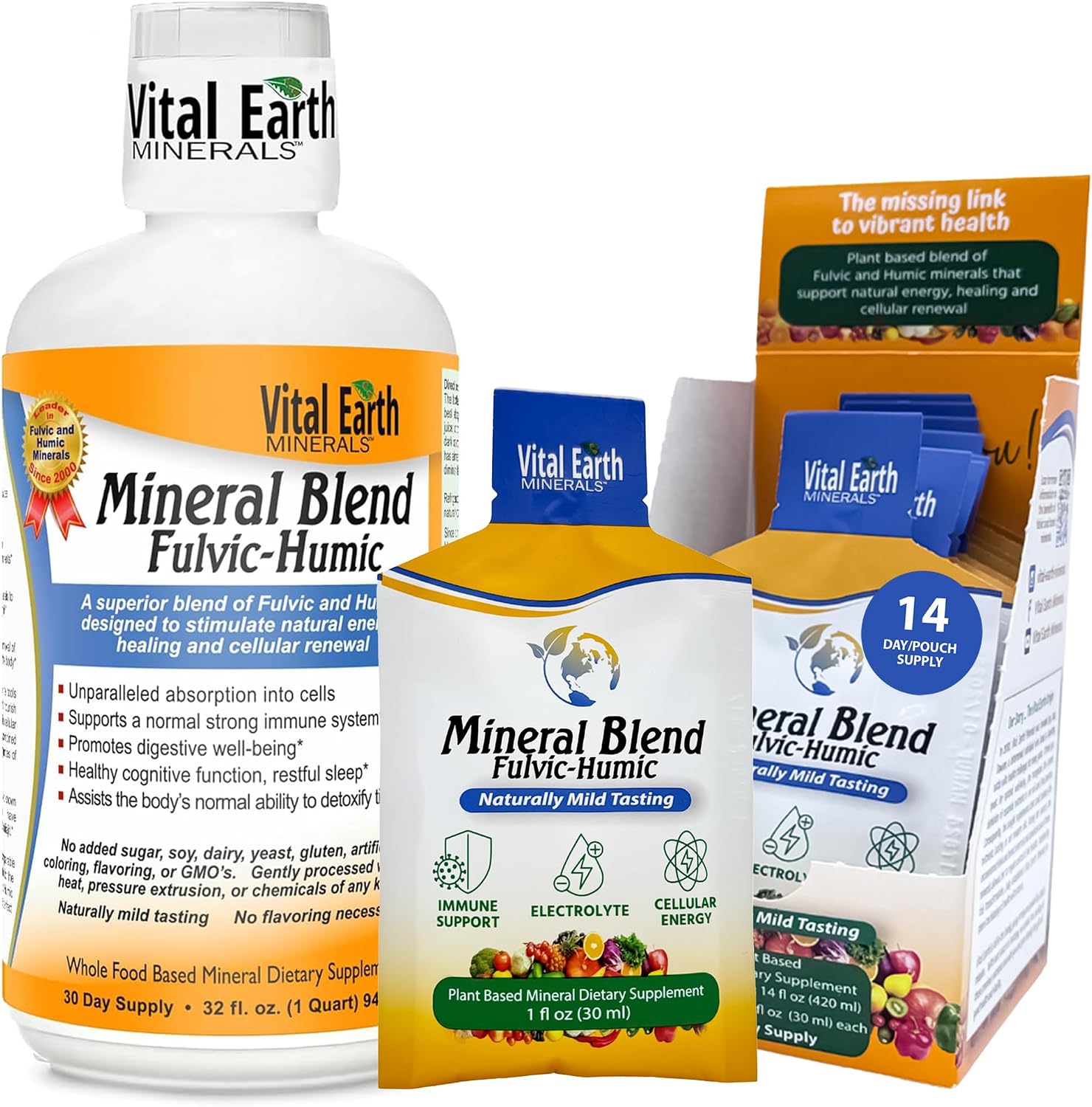 Vital Earth Minerals Fulvic Humic Mineral Blend Liquid 2-Pack – Fulvic Acid Supplement with 70+ Trace Minerals, Electrolytes for Recovery, Balance & Energy, 32 Oz Ea + 1 Oz Cup Ea
