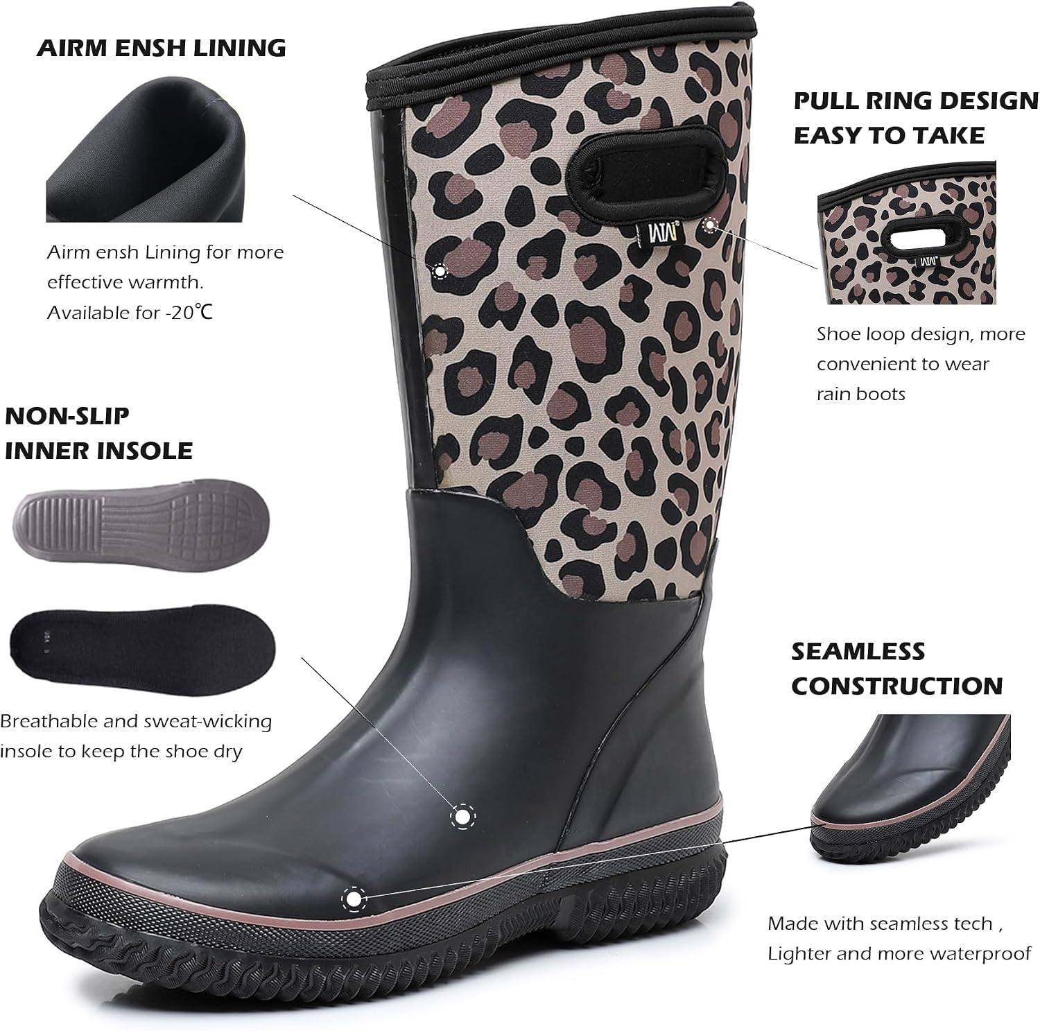 WTW Womens Mid Calf Rain Boots - Waterproof Insulated Neoprene Rubber Boots Mud Outdoor Hunting Garden Boots