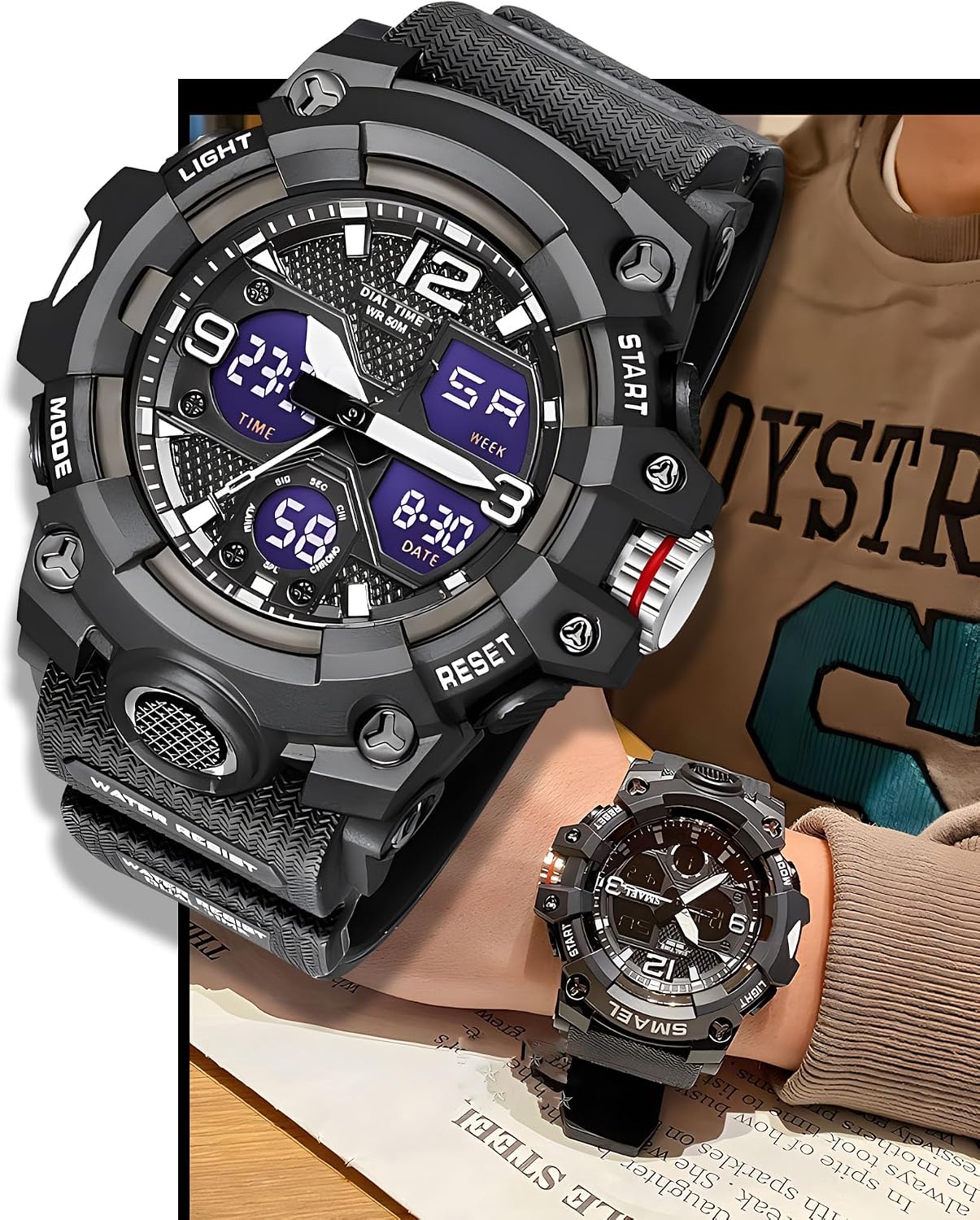 Gosasa Men's Large Face Outdoor Sports Watches Military S-Shock Watch Waterproof, Backlight, Alarm, Stopwatch Features - Rugged Wristwatch for Training, Hiking, and Adventure
