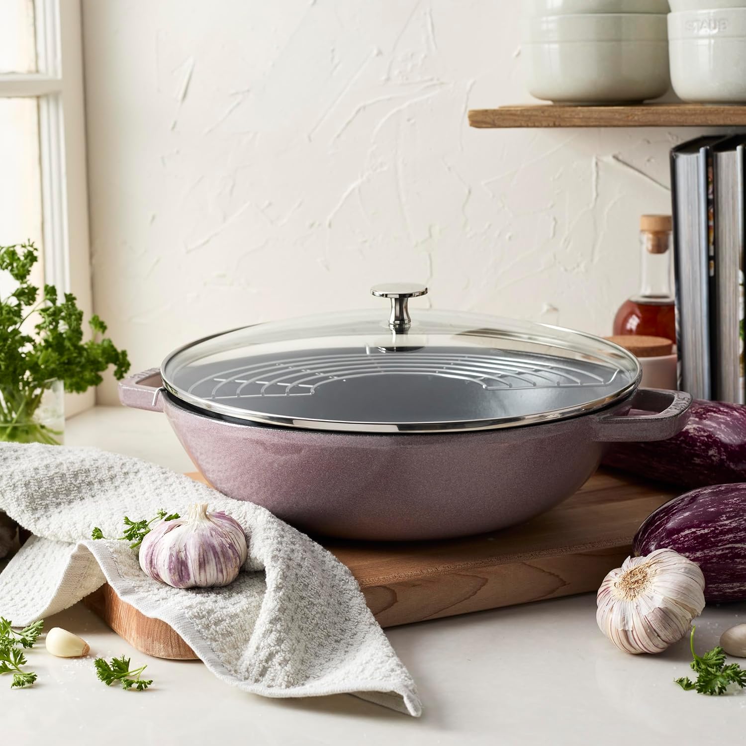 Staub Cast Iron Perfect Pan, Wok, Dutch Oven, 4.5-quart, serves 4-5, Made in France, Dark Blue