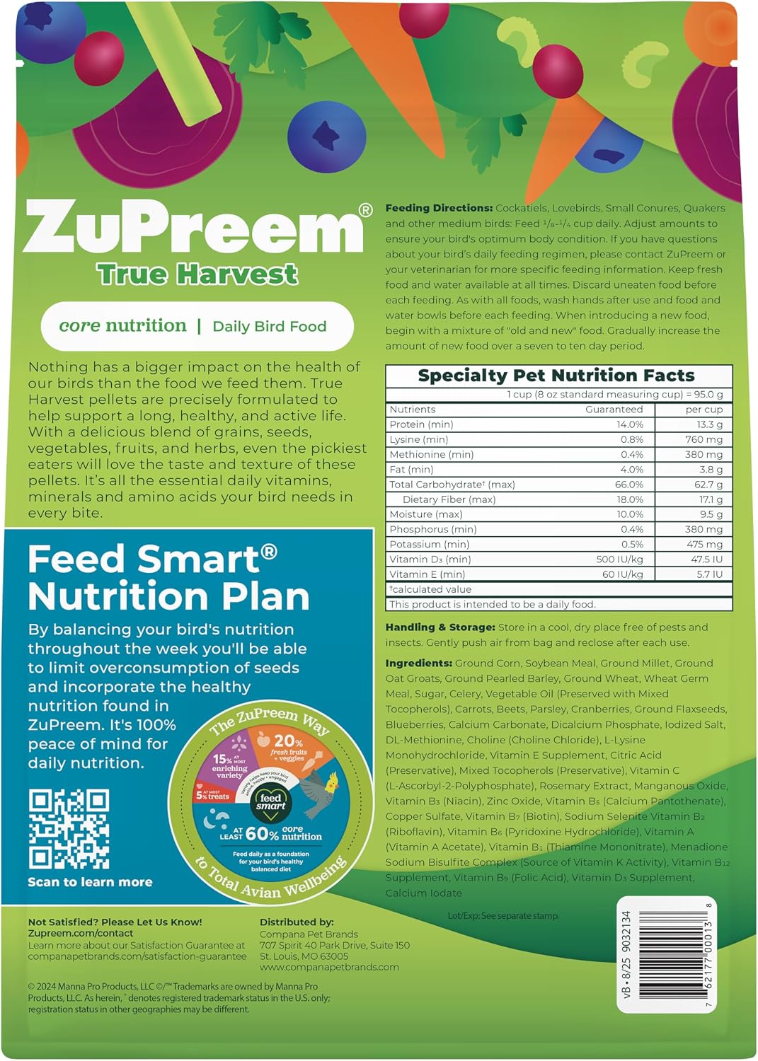 ZuPreem FruitBlend Cockatiel & Conure Food, Uniform Bird Food, M, 2 lb | Bird Food Pellets, Real Fruit, Blend, Cockatiel Food, Conures, Lovebirds, Love Bird Pellets, Quaker, Parrot, Medium Birds