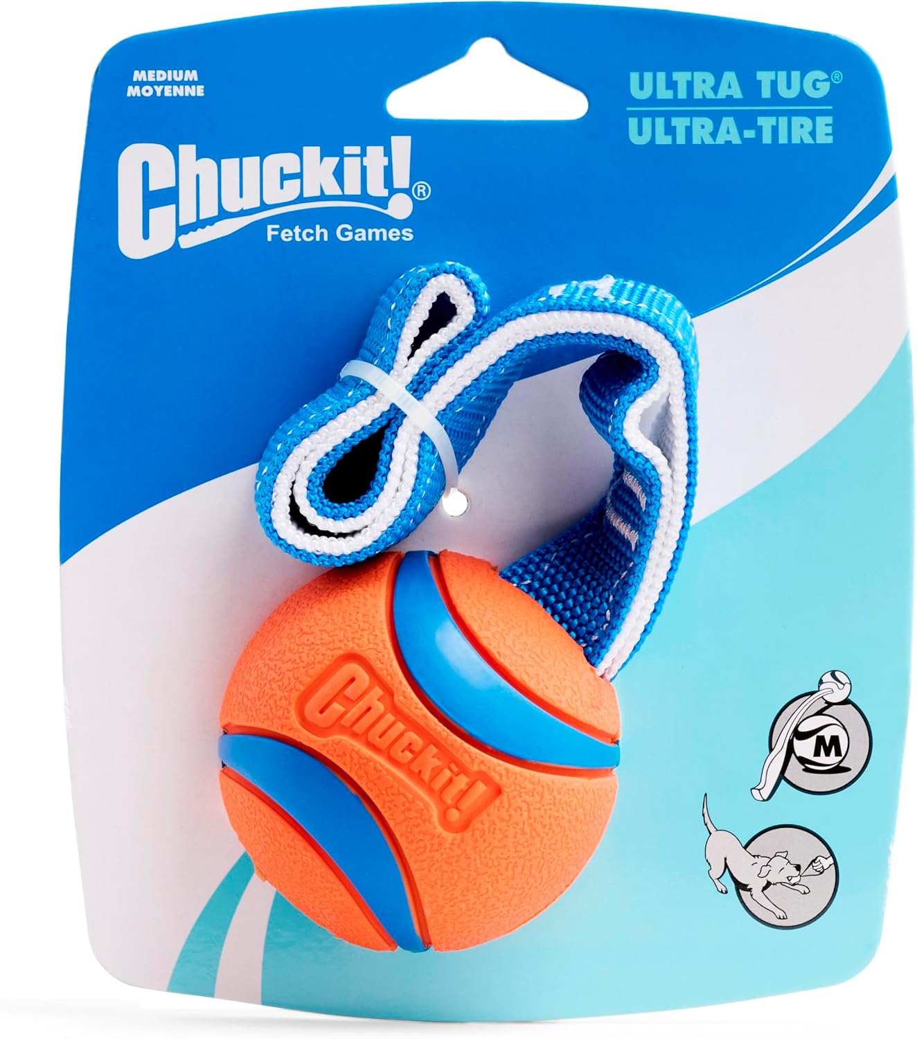 Chuckit! Ultra Tug Dog Toy - Ultra Ball on a Durable Nylon Cord Handle - Fetch and Tug-of-War Toy for Dogs - Size Large - For Breeds 60-100 lbs - 3-inch Diameter - Orange and Blue