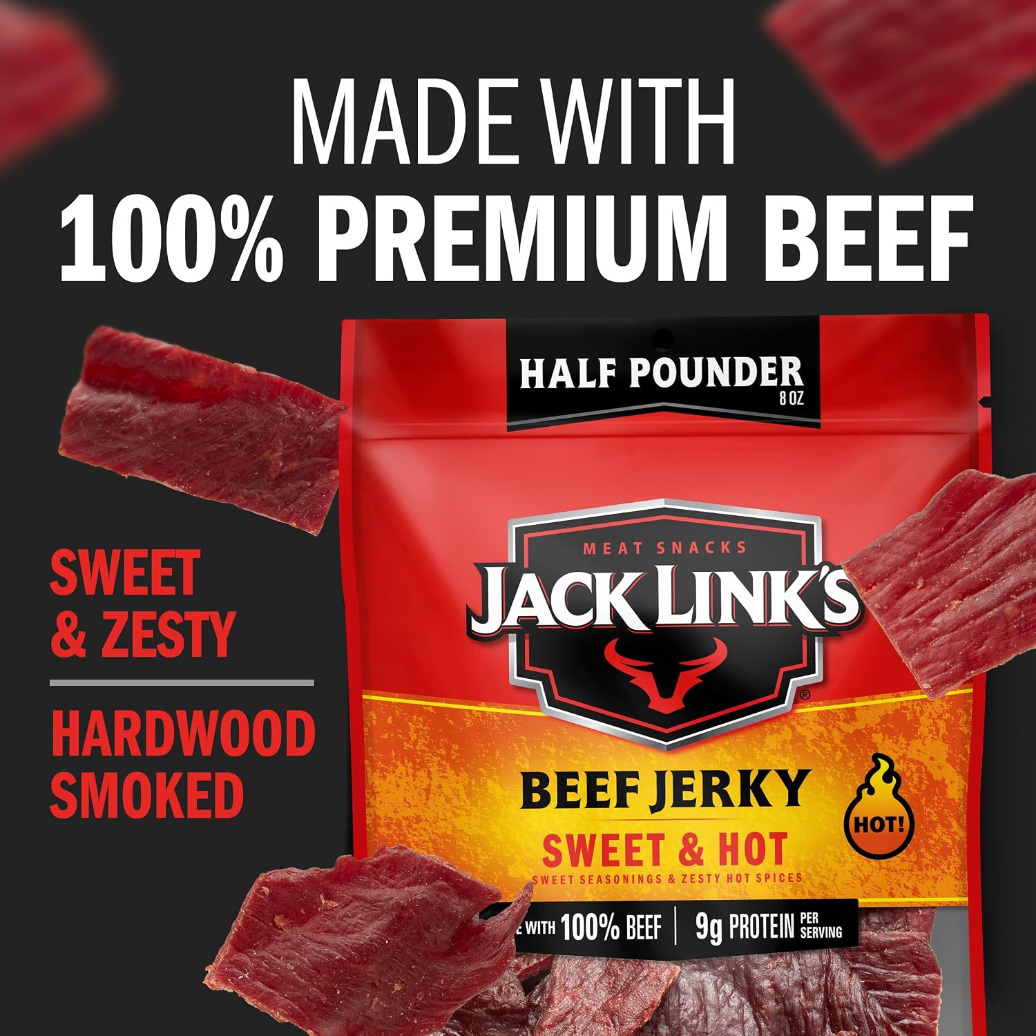 Jack Link's Peppered Beef Jerky Half Pounder - 8 oz Large Jerky Bag - Ready to Eat Real Meat Protein Snacks - 9g Protein per Serving - Made with 100% Real Beef | Large Jerky Bag - Ready to Eat Real Meat Protein Snacks - 9g Protein per Serving - Made with…