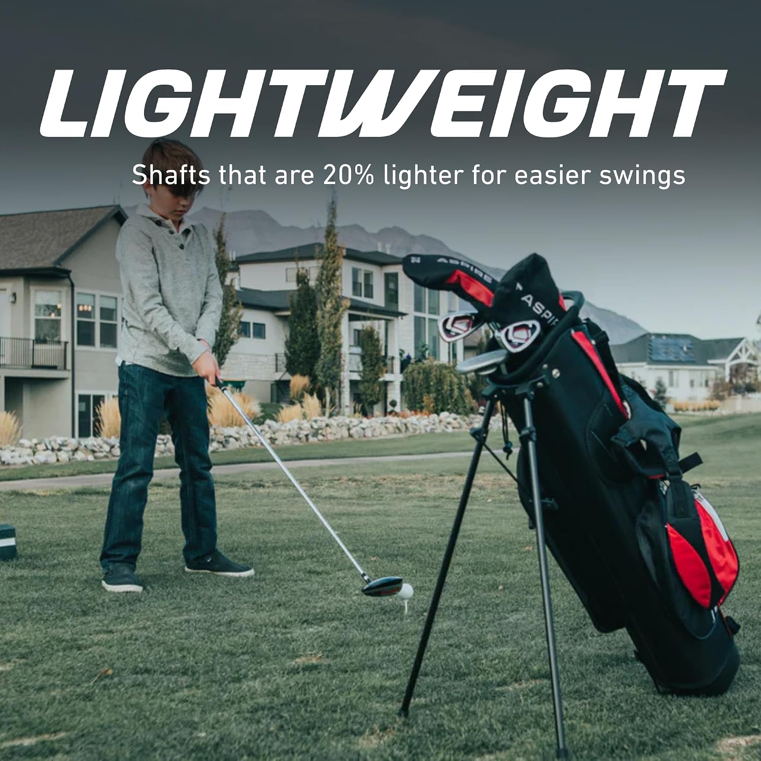 Aspire Junior Plus - Kids Complete Golf Club Set | Aircraft-Grade Aluminum, 15% Larger Clubhead, 7 Iron & Pitching Wedge, Progressive Flex Shafts, Rain Hood, 2 Headcovers
