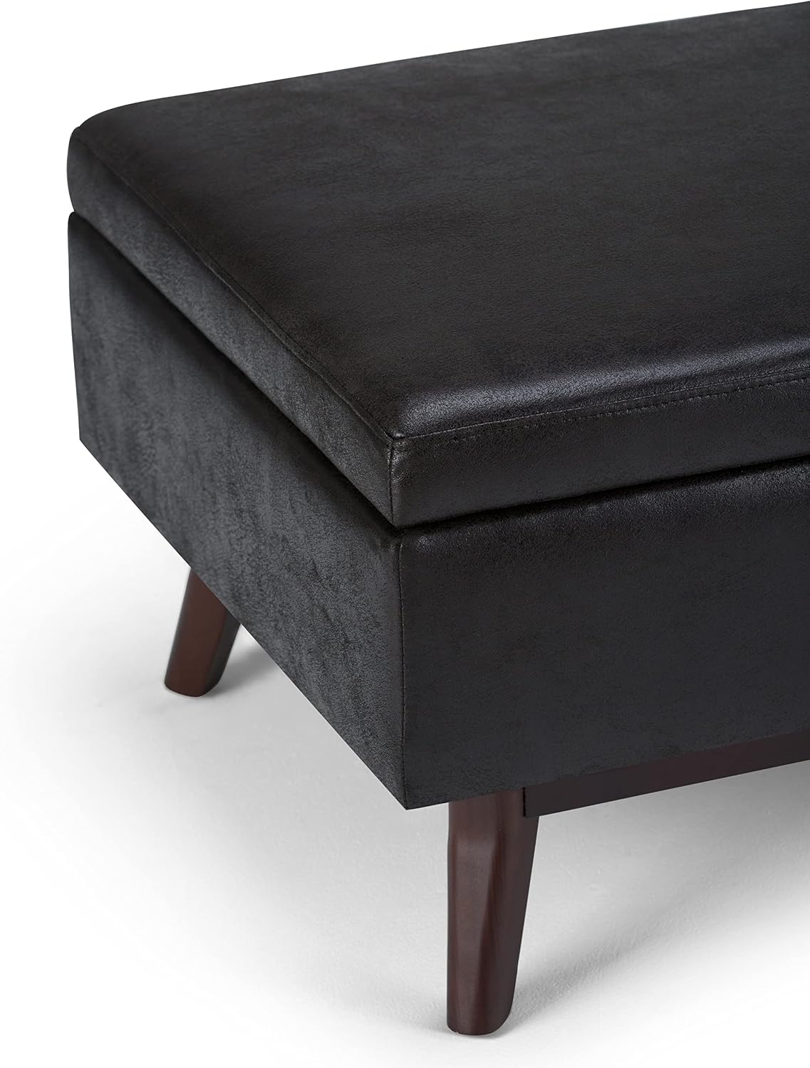 SIMPLIHOME Owen 34" Wide Vegan Leather Lift Top Ottoman in Dark Blue