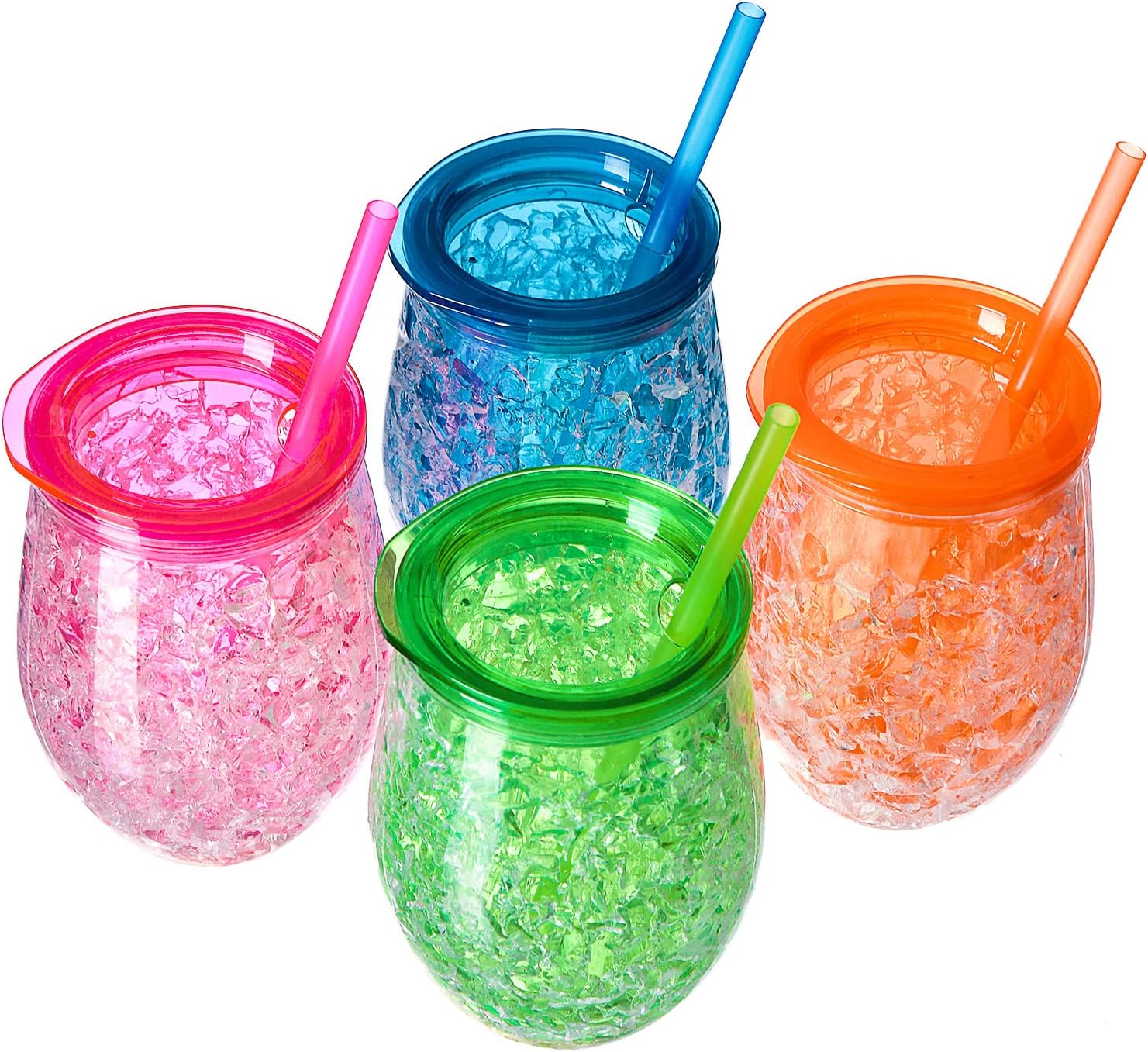 Cute Shape Frosty Freezer Ice Mugs with Straw Clear 11.8oz Set of 4(Red, green, blue and orange) (Oval)