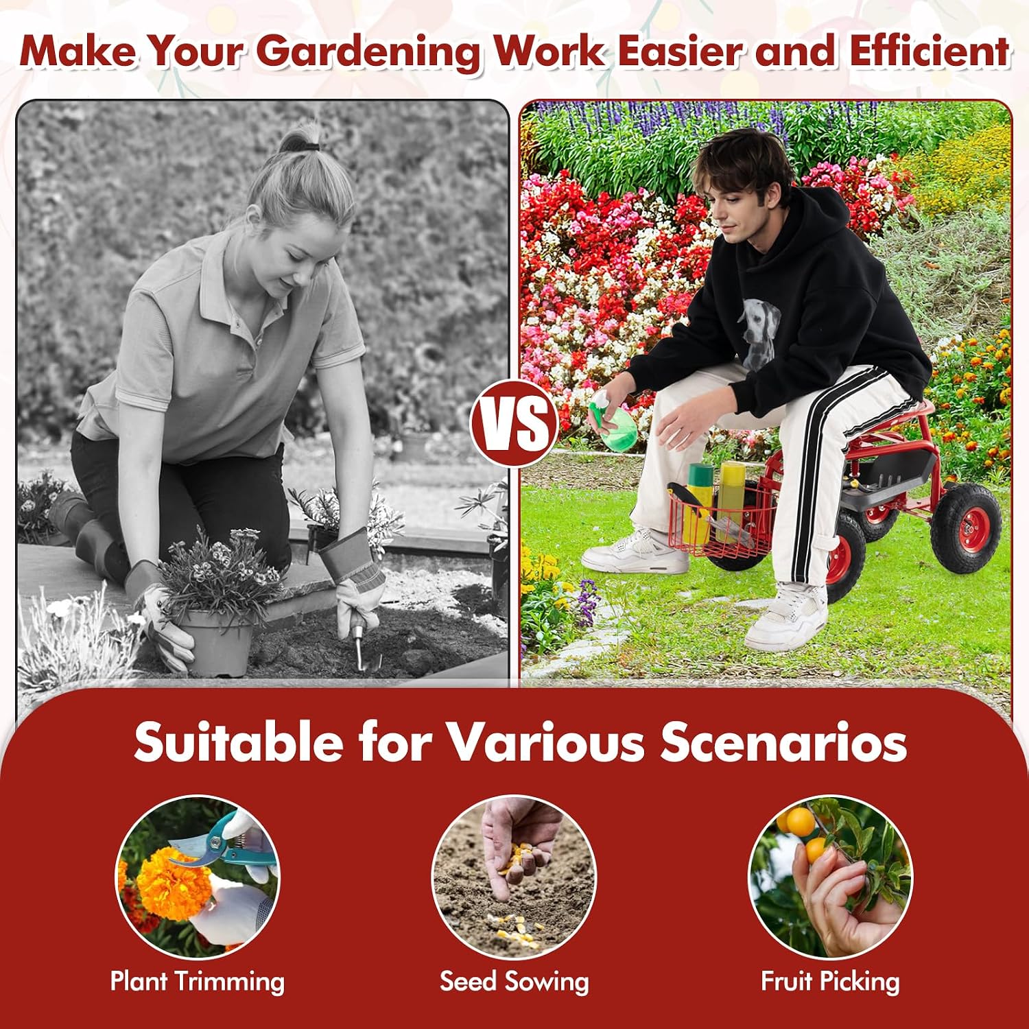 Goplus Rolling Garden Cart with Seat, Outdoor Garden Stool with Wheels, Tool Tray & Basket, Adjustable Steering Handle