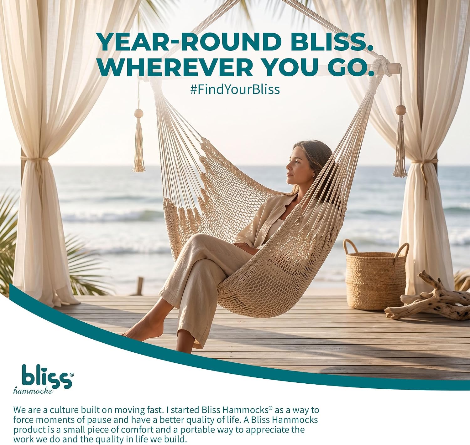 Bliss Hammocks BHC-412NT Island Rope Hammock Chair, Eco Friendly & Hand Woven, Varnish Coated 40 Inch Wood Spreader, Easy to Hang w/Included Hanging Kit, Supports up to 265 pounds, Natural Rope