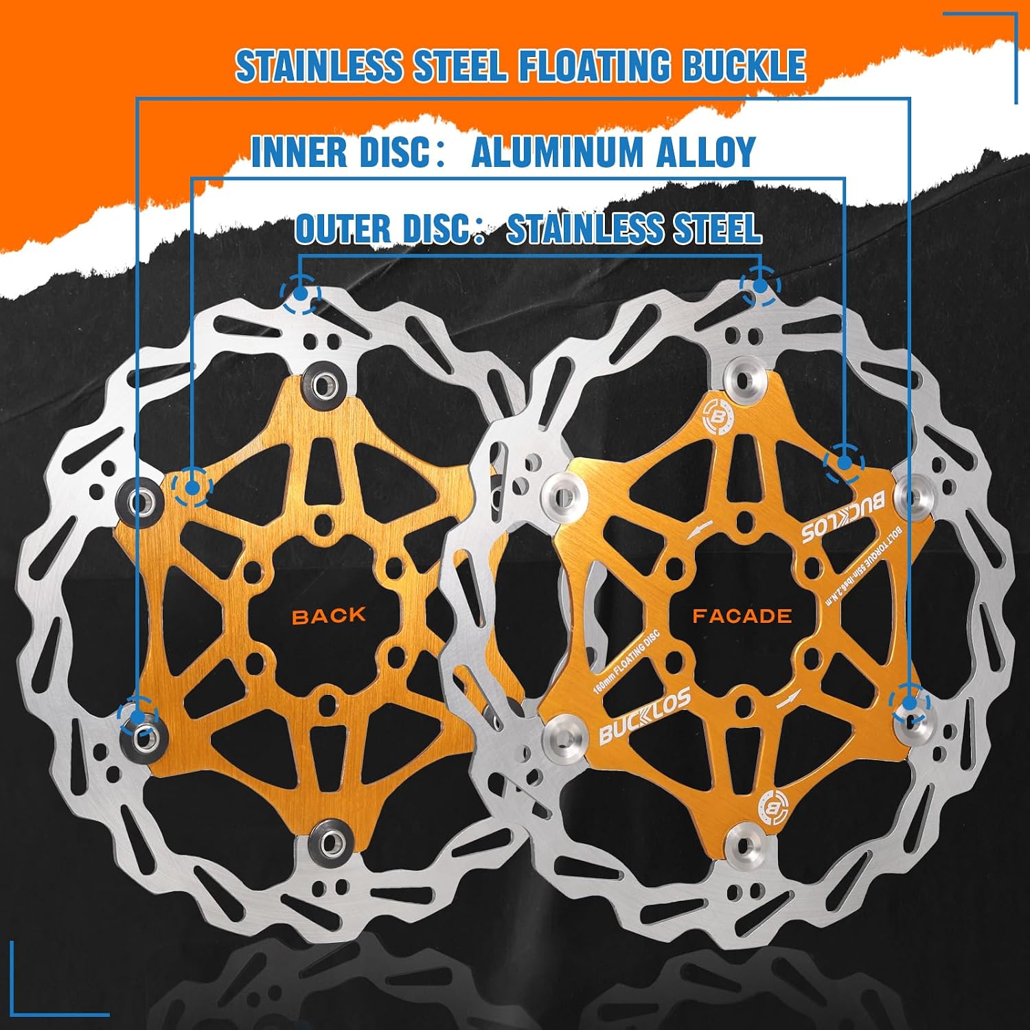 BUCKLOS 160mm 180mm 203mm Floating Disc Brake Rotor, Stainless Steel MTB Brakes Rotors with 6PC Bolts