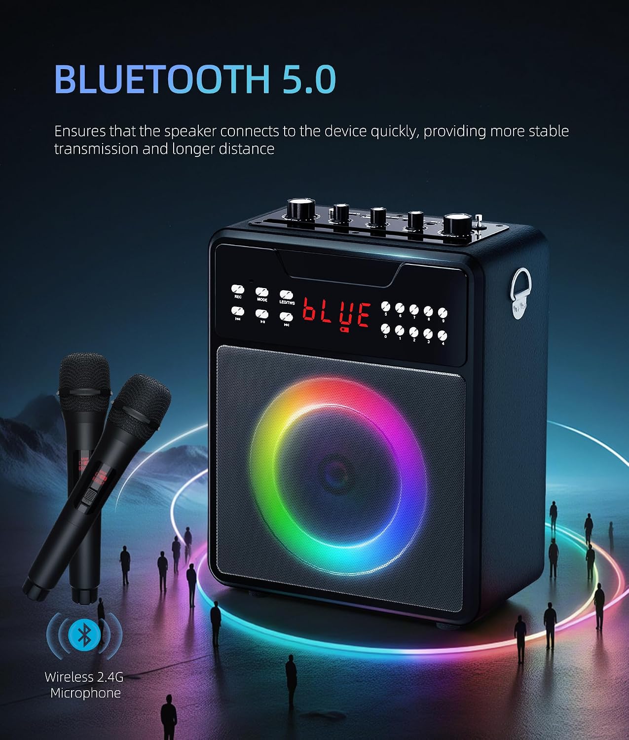 Karaoke Machine for Adults, Portable Bluetooth Speaker with 2 Wireless Microphones and Lights Show, Karaoke Speaker with Bass & Treble, Supports for TWS,USB,FM,REC,AUX in,TF Card for Party/Meeting