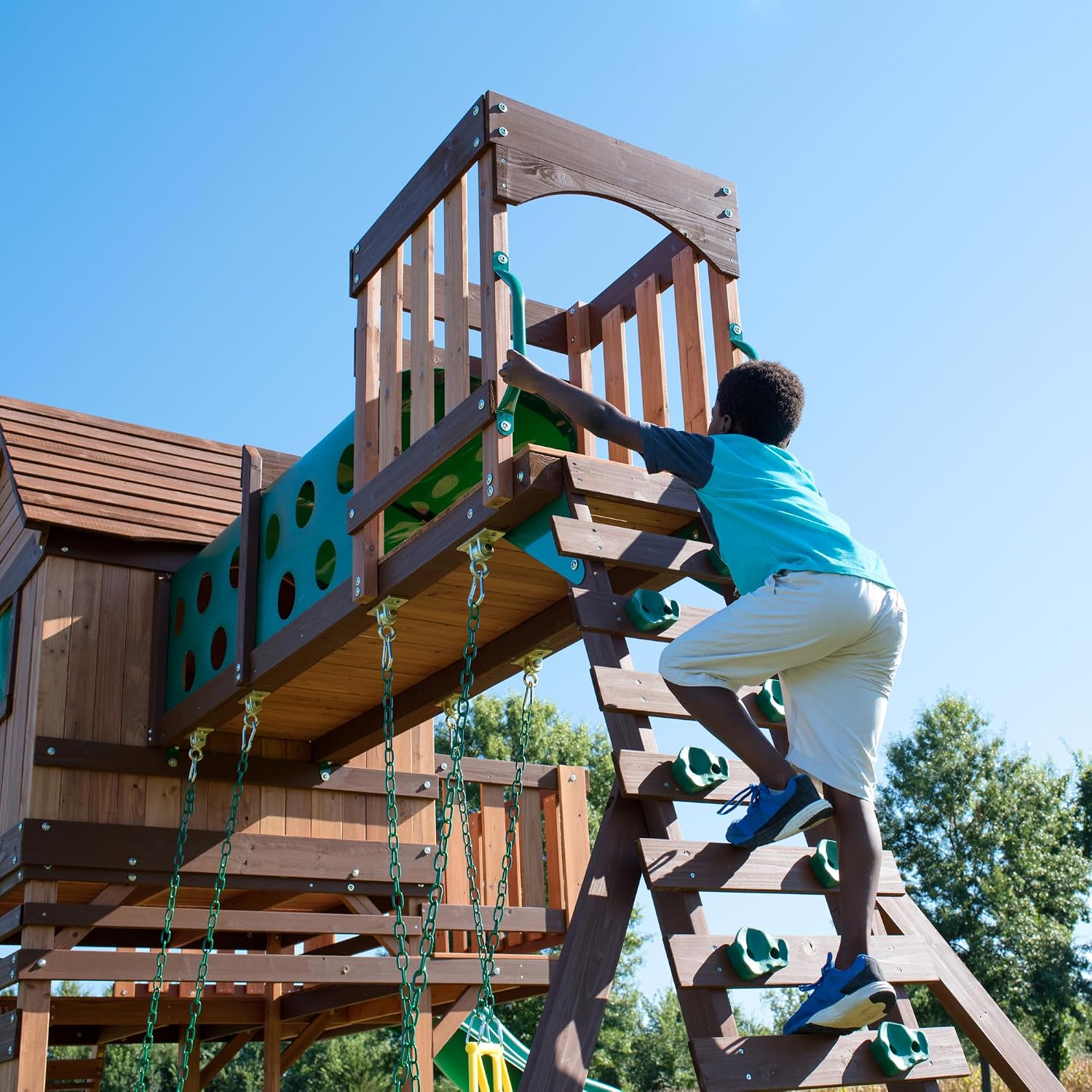 Backyard Discovery Woodridge Elite Cedar Wood Swing Set with Wave Slide, Clubhouse, Crawl Tunnel, Crow's Nest, Belt Swings, Trapeze, Rock Wall Ladder