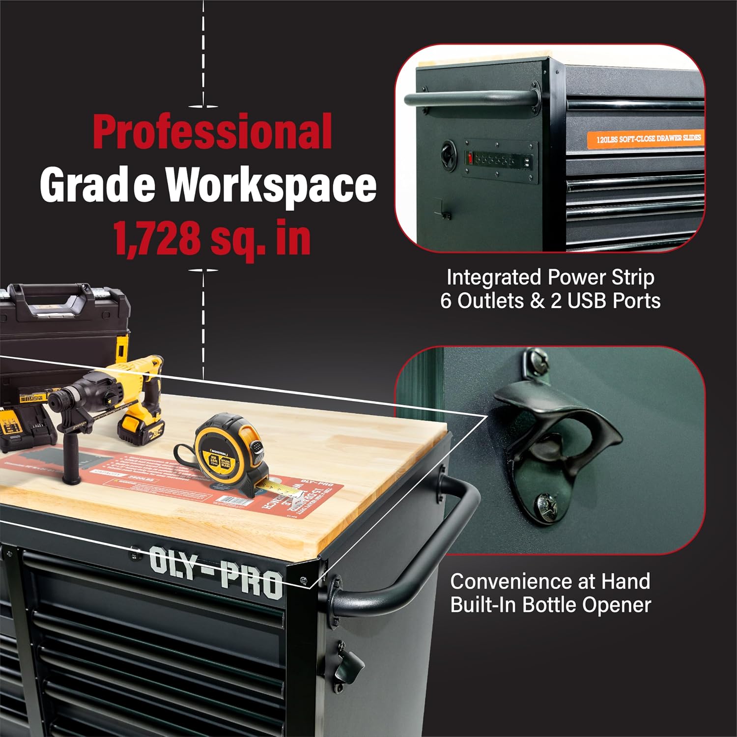 Olympia Tools 72 inch Heavy Duty Mobile Tool Chest Tool Box, with Solid Wood Top Workbench, 15-Drawer Rolling Tool Chest, Tool Storage Organizer for Garage, Workshop, and Home, Black
