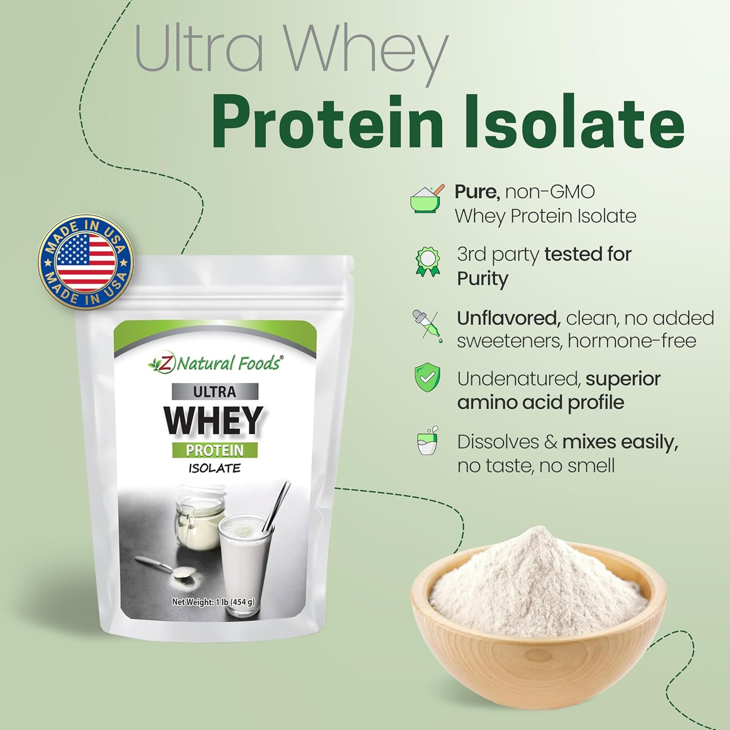 Z Natural Foods Ultra Whey Protein Isolate - Unflavored & Unsweetened, 1 lb | Unflavored, Unsweetened Whey Protein Powder, Whey Isolate with Vital Proteins for Fitness, Sports Nutrition, Immune Support