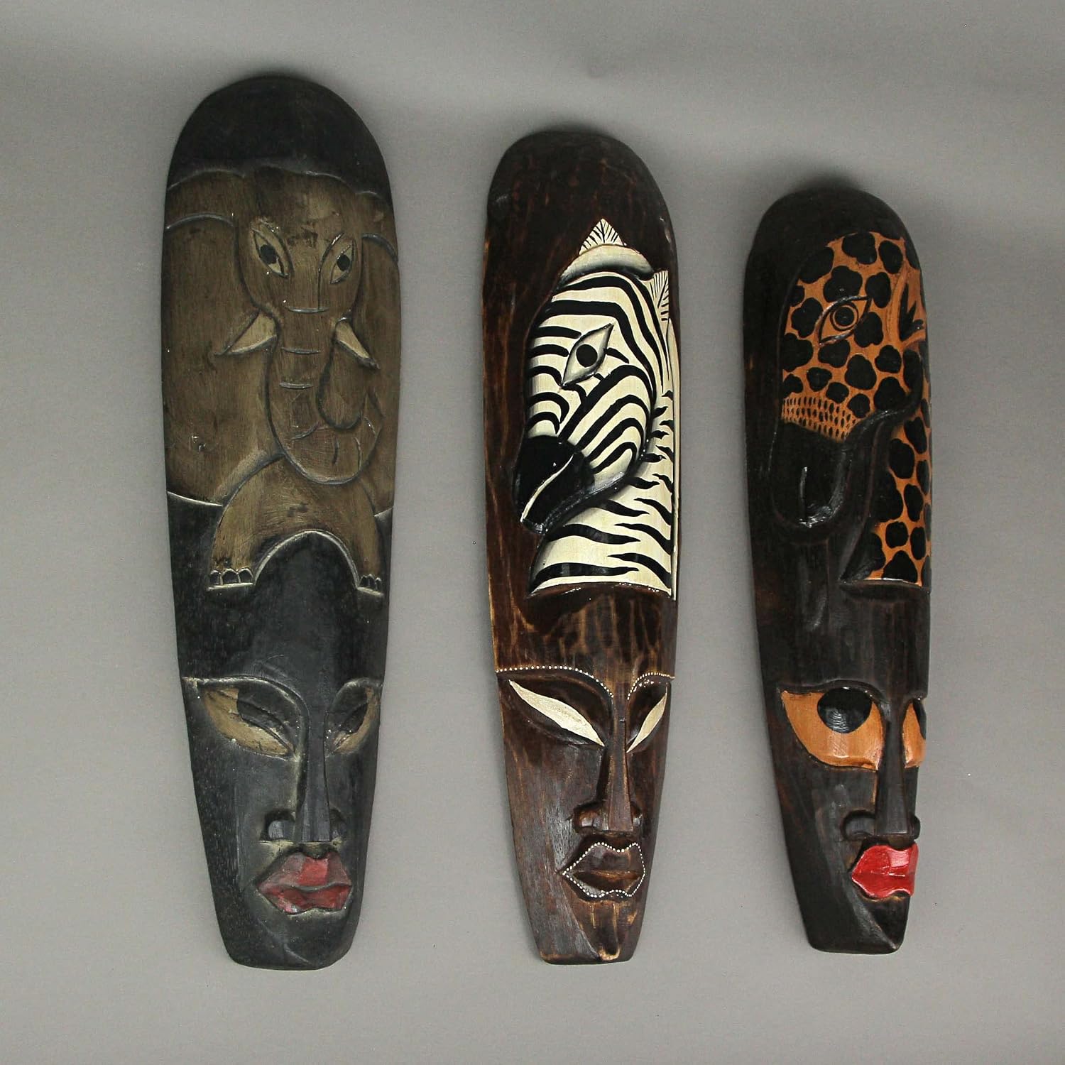 Set Of 3 African Wildlife Wooden Wall Masks | 19 In. Tall by 5 In. Wide, 2 In. Deep, Hand-Painted, Handcarved by Artisans, Fair Trade Item