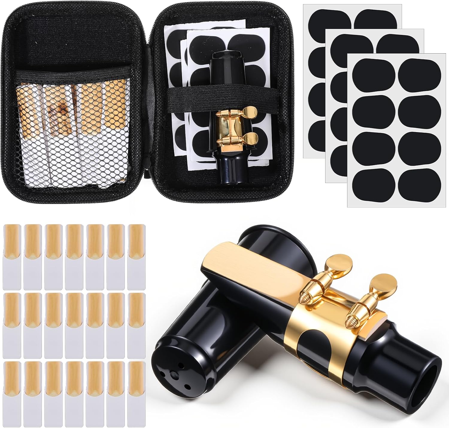 49Pcs Alto Saxophone Mouthpiece Kit, Includes Gold Sax Ligature, Saxophone Mouthpieces, Plastic Cap, 21 Sax 2.5 Reeds