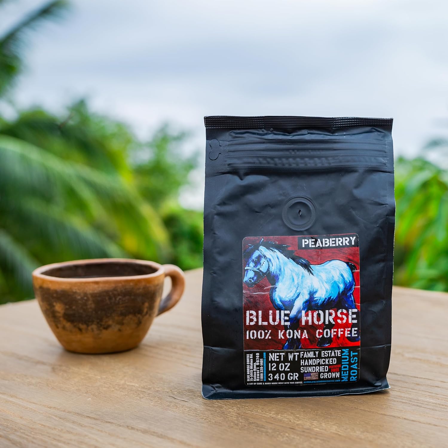 Blue Horse 100% Kona Coffee Whole Bean - 16 oz Medium Roast, Farm Fresh | Certified Organic, Arabica Whole Beans,, Grown In Hawaii USA, Shade Grown, Handpicked, Vacuum Sealed Bag, Caffeinated, Vegan