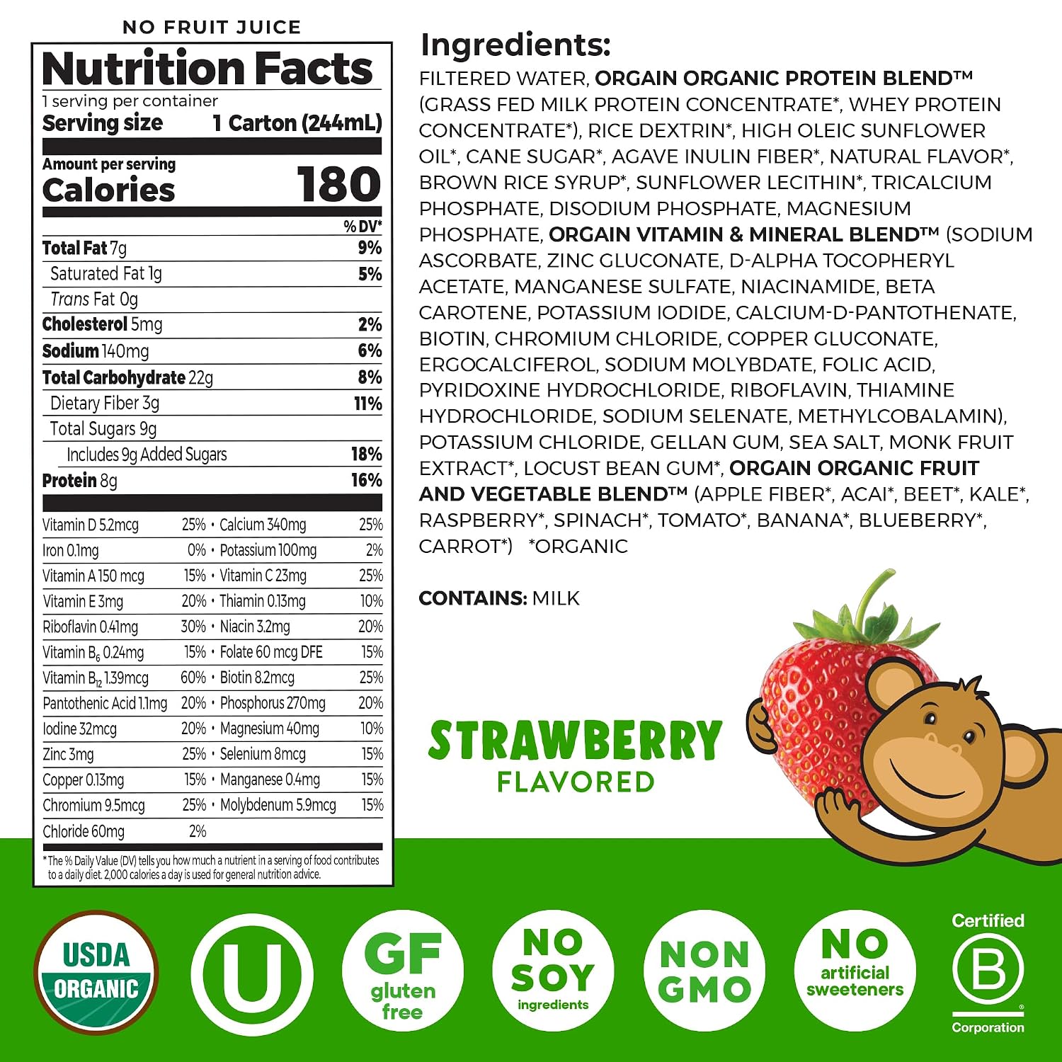 Orgain Organic Kids Dairy 8g Protein Shake, Chocolate, 8.25 oz, 12pk | Nutritional drink, grass-fed protein, 22 vitamins & minerals, 3g fiber, non-GMO, no soy, healthy snack for picky eaters