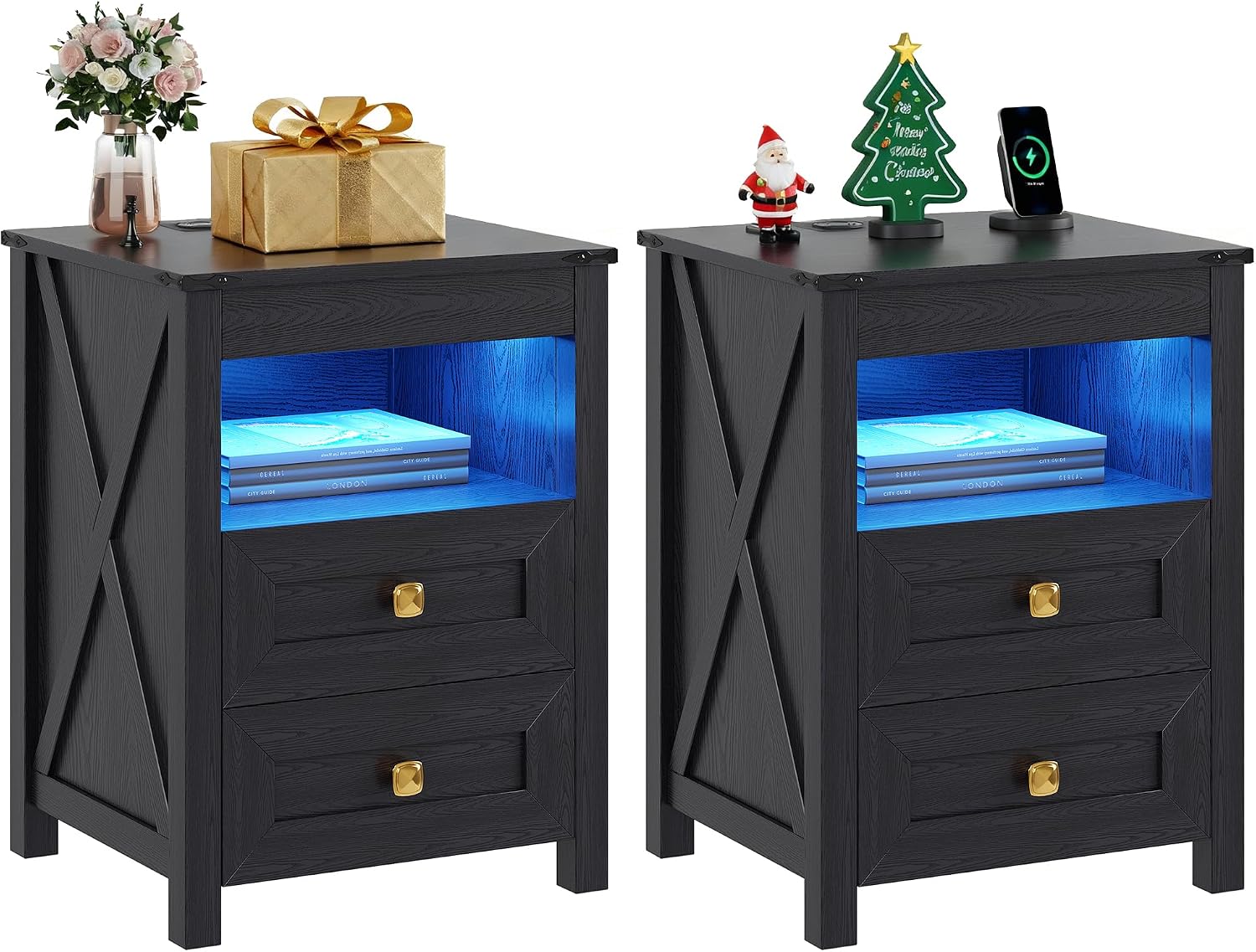 Farmhouse LED Nightstand with Gun Drawer&Invisible Lock,Modern Bedside Table with Human Sensor Design,Rustic Side Table with Wireless Charging for Living Room, Dark Oak