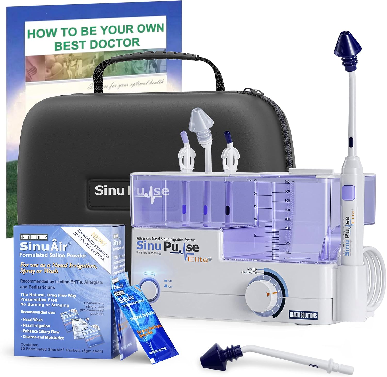 SinuPulse Elite Advanced Nasal Irrigation System, Pulsating Sinus Rinse Machine with 60 SinuAir Packets, Bonus Sinus Irrigator Tip, Travel Case