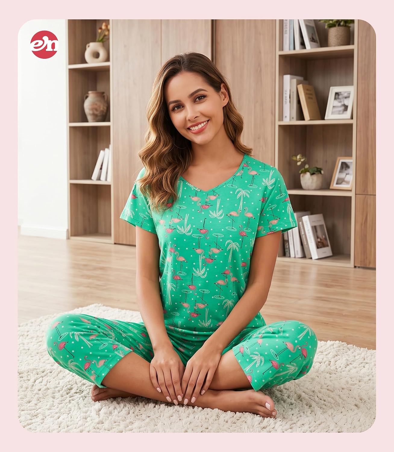 ENJOYNIGHT Womens Pajama Set Cotton Short Sleeve Top With Capri Pants Pj