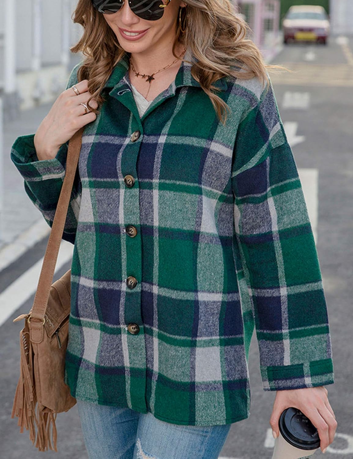 Yeokou Women's Plaid Flannel Shacket Oversized Button Down Long Sleeve Shirt Jacket Casual Spring Fall Outfits