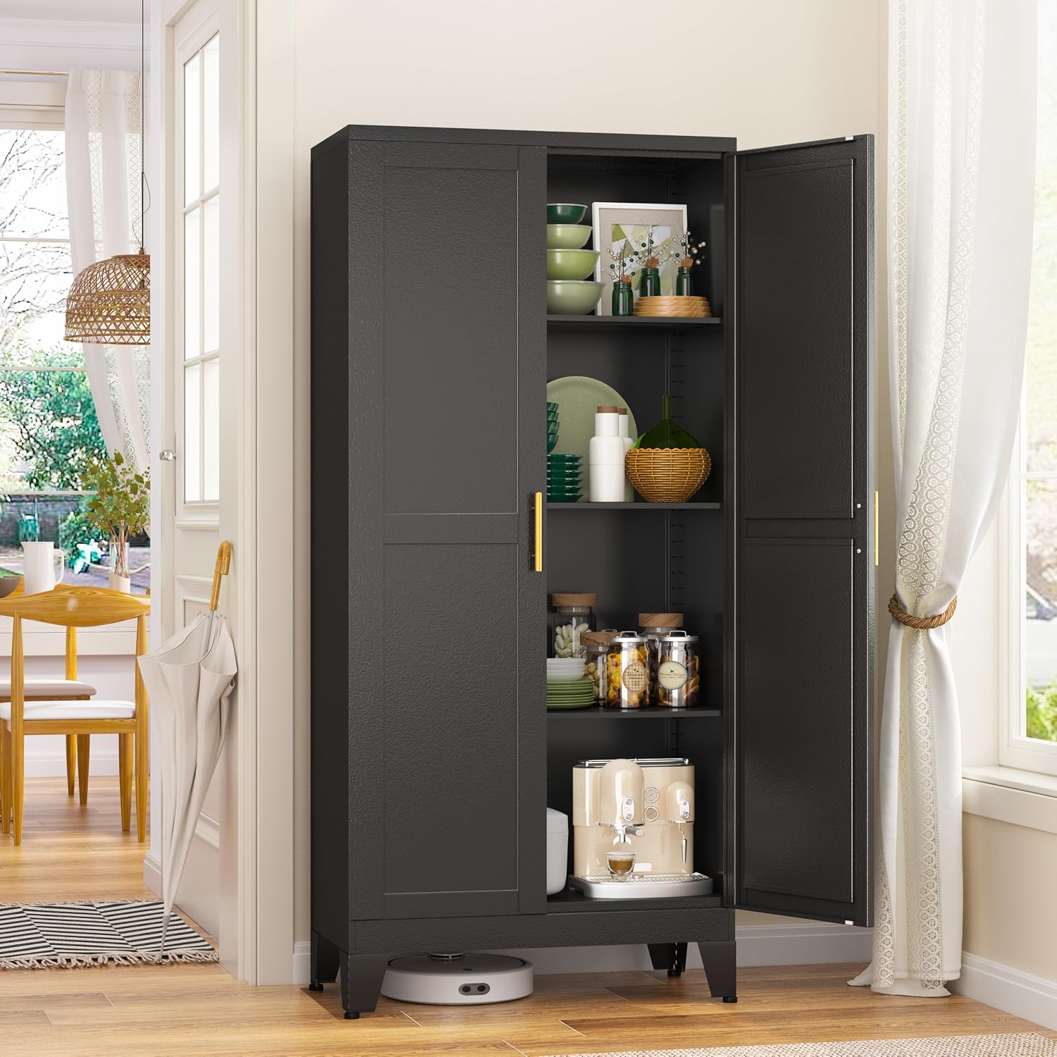 GAIOUS 75.2" Tall Metal Kitchen Pantry Storage Cabinets with 2 Door and 5 Adjustable Shelves, Cupboard for Kitchen, Dining Room, Living Room and Bathroom, White