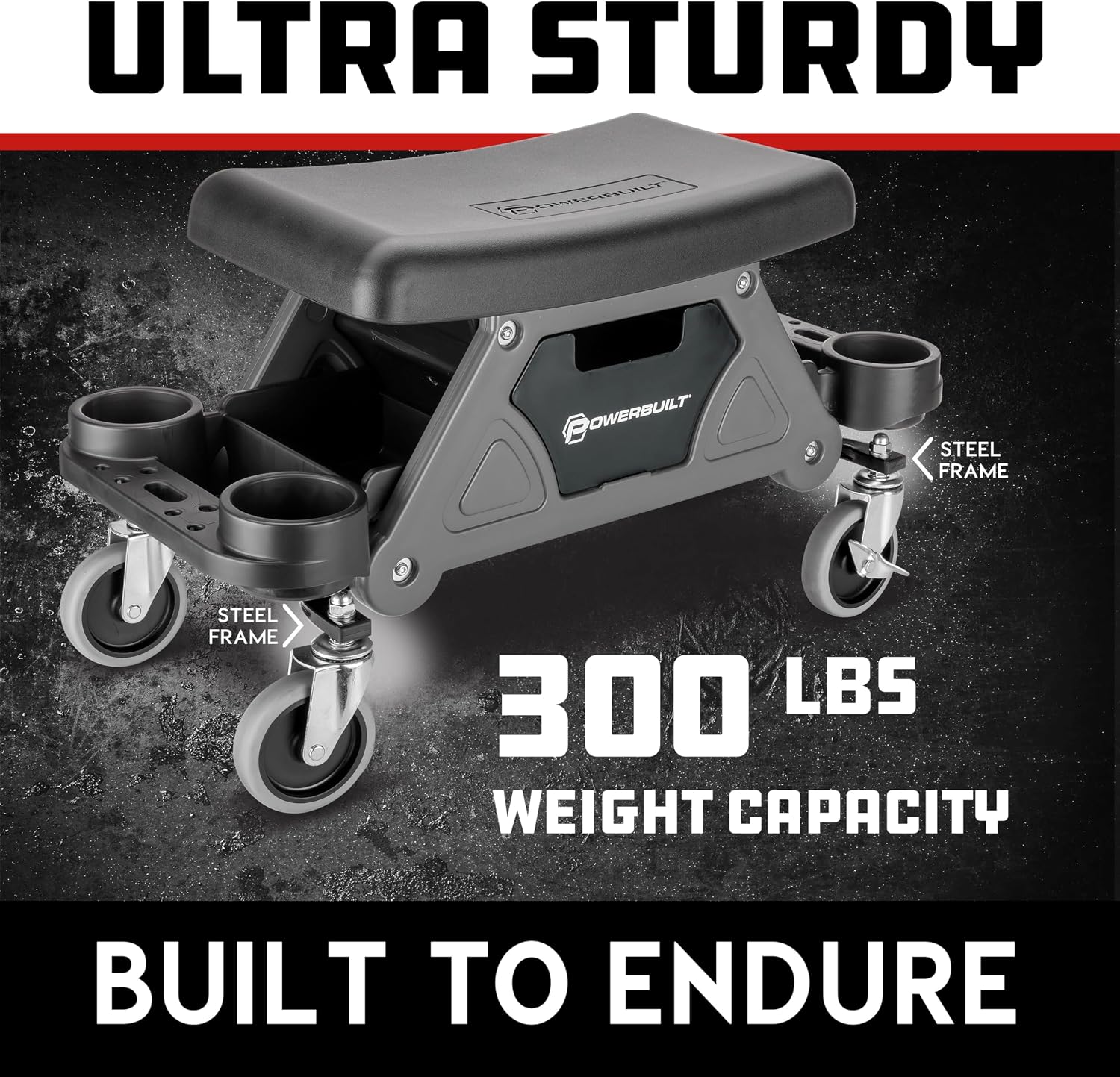Powerbuilt 42-Inch Triplex Folding Creeper, Rolling Seat, and Brake Stool, All-in-One Adjustable Roller Garage Chair, Lay Down or Sit, Black 620469