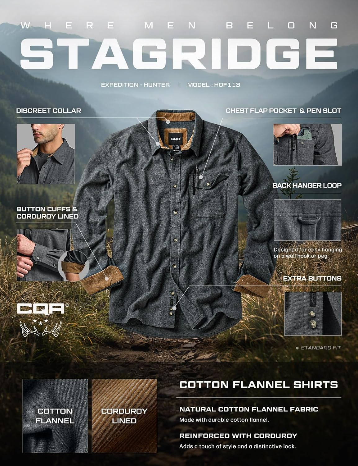 CQR Men's 100% All Cotton Button Down Flannel Shirts, Long Sleeve Brushed Warm Soft Casual Outdoor Plaid Shirt