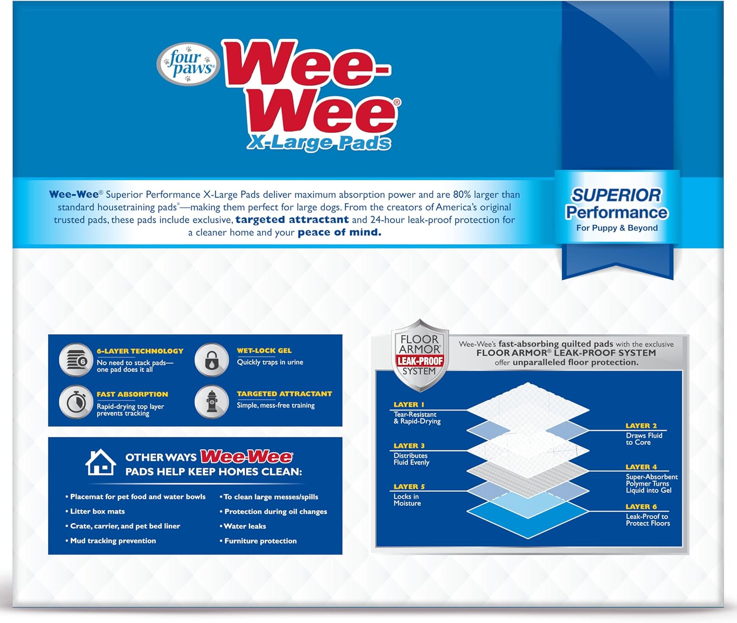 Four Paws Wee-Wee Superior Performance X-Large Dog Pee Pads, 40 Count | Puppy & dog potty training pads, housebreaking supplies, xl puppy pads, pet supplies, 24-hour floor protection, 28" x 34"