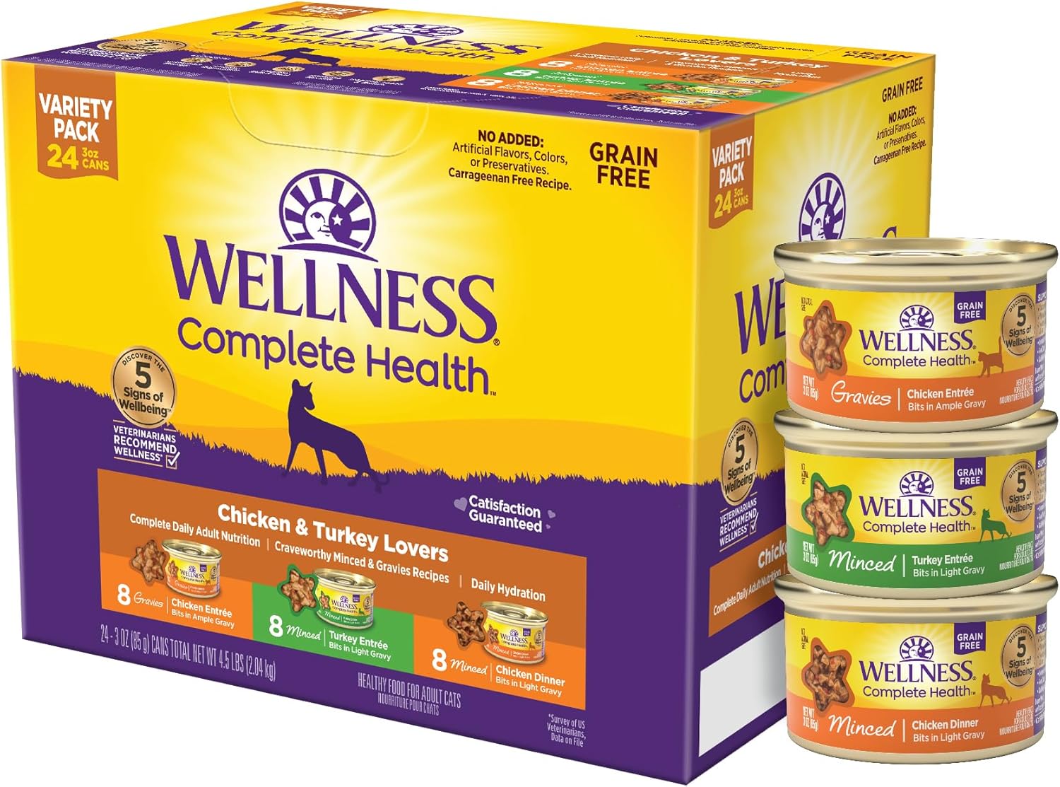 Wellness Complete Health Pate Variety Pack Adult Canned Wet Cat Food, Natural, Protein Rich, Grain Free, Chicken and Turkey Favorites, 3 oz