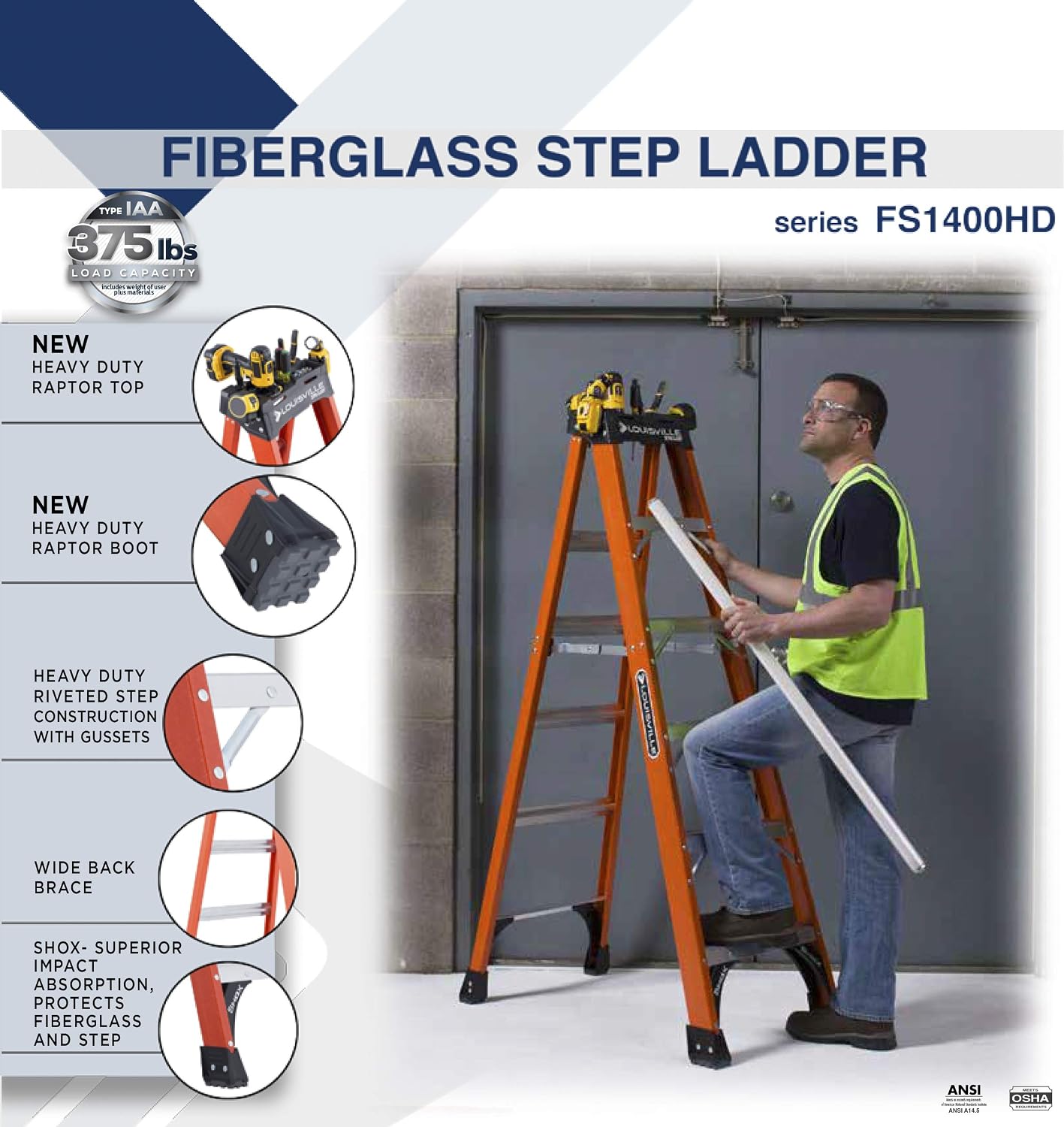 Louisville Ladder 6-Foot Fiberglass Step Ladder, 375-Pound Load Capacity, Type IAA, FS1406HD