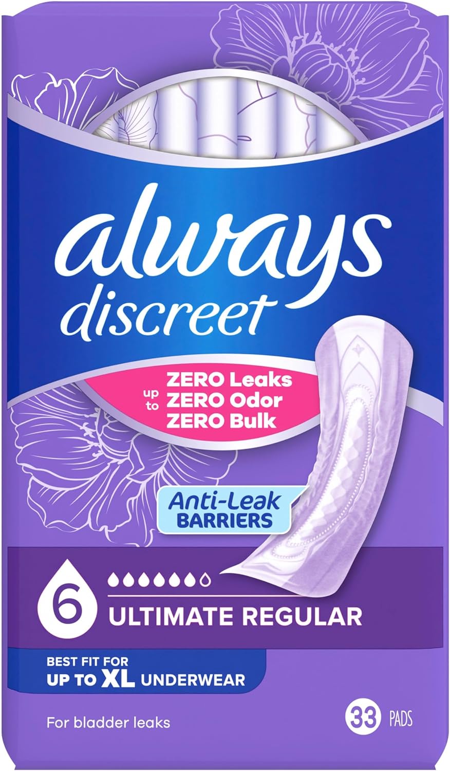Always Discreet Adult Incontinence Pads for Women, Drier, 6 Drop Long Length, Extra Heavy Absorbency, Pads for Bladder Control Management, Bladder Leaks, & Postpartum Pads, 45ct