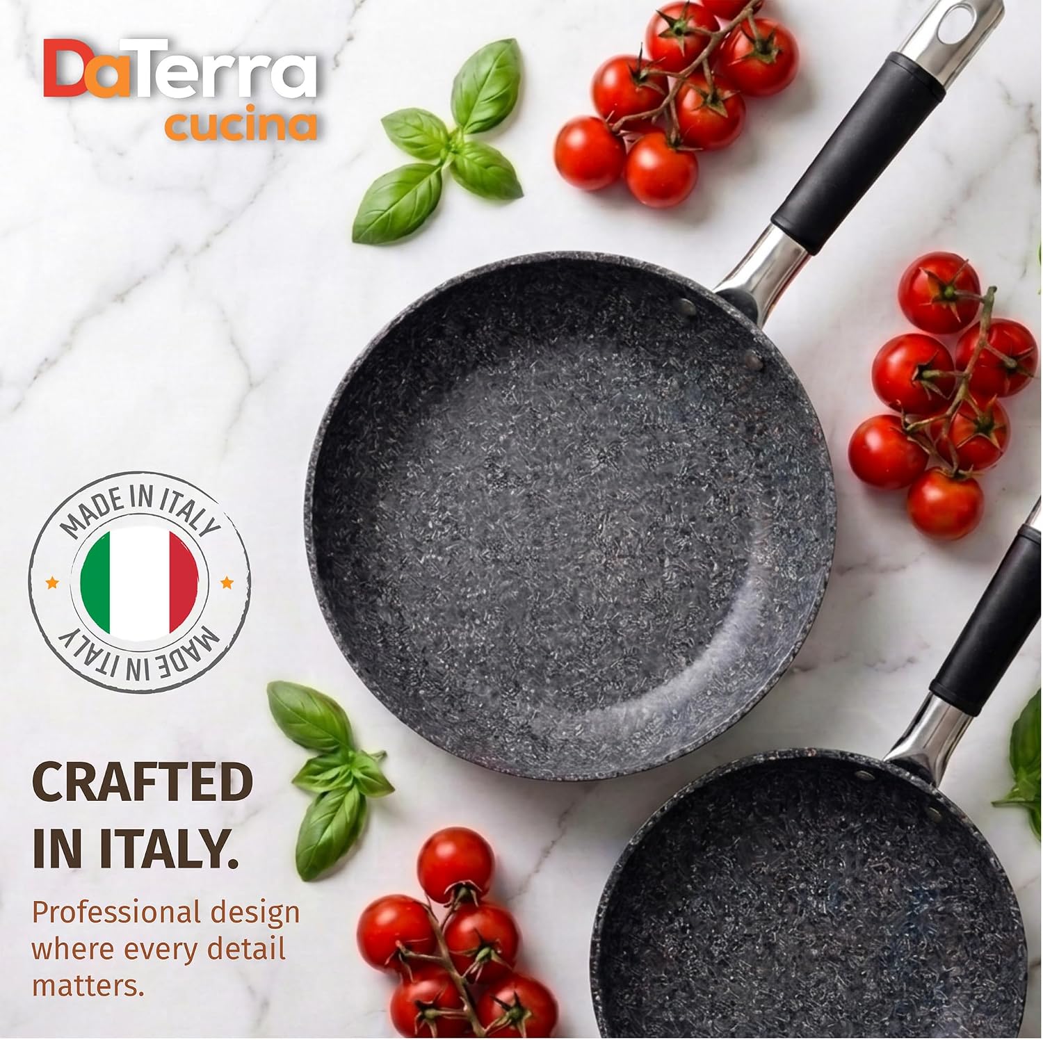 DaTerra Cucina - Ceramic Frying Pan, Induction & Oven, Made In Italy, 9.5" | Made in Italy, Induction Compatible, Oven-Safe up to 450°F, PFAS-free, Ergonomic Handle, Easy Cleanup, Even Heating