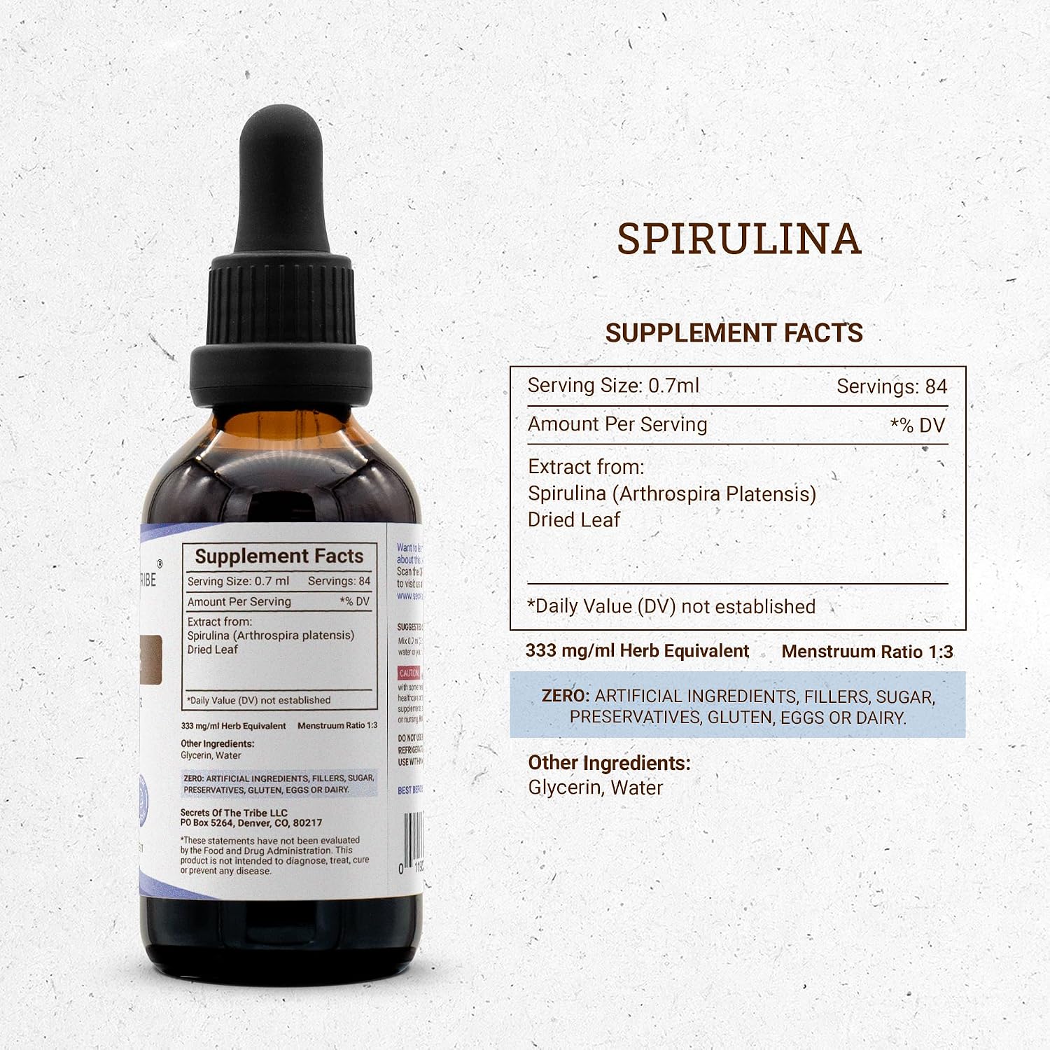 Secrets of the Tribe Spirulina Alcohol-Free Liquid Extract, Spirulina (Arthrospira Platensis) Tincture Supplement (2 FL OZ)