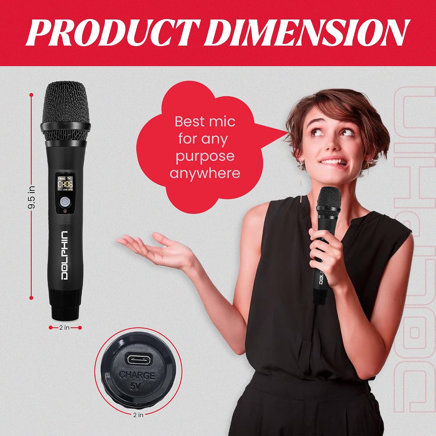 Dolphin MCX11 UHF Wireless Microphone, Rechargeable Karaoke Mic, Red | 50-Channel Anti-Interference, DSP Audio, USB-C Charging, All-Metal Design