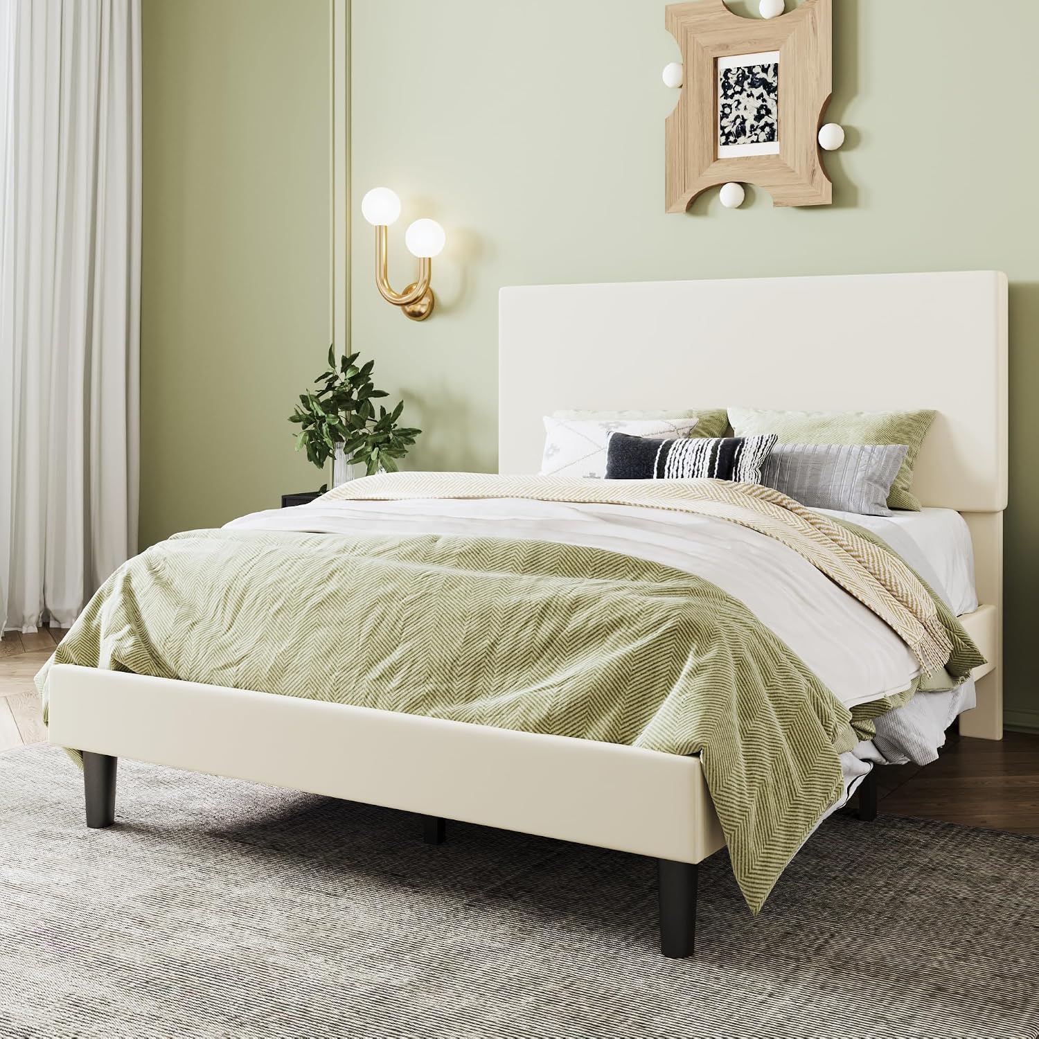 SHA CERLIN Boucle Upholstered Queen Size Bed Frame, White | Platform Bed with Adjustable Headboard, Wooden Slats Support, No Box Spring Needed, Noise-Free, Easy Assembly
