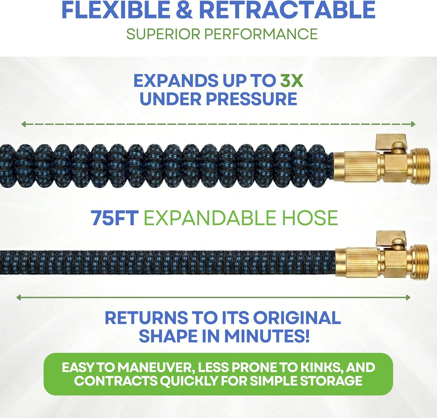 J&B XpandaHose 75ft Expandable Garden Hose, Lightweight, Brass Connectors | Ultra Strong 3750D fabric, 4-layer latex core, expands 3X, kink & leak-resistant, 10-pattern nozzle, storage bag