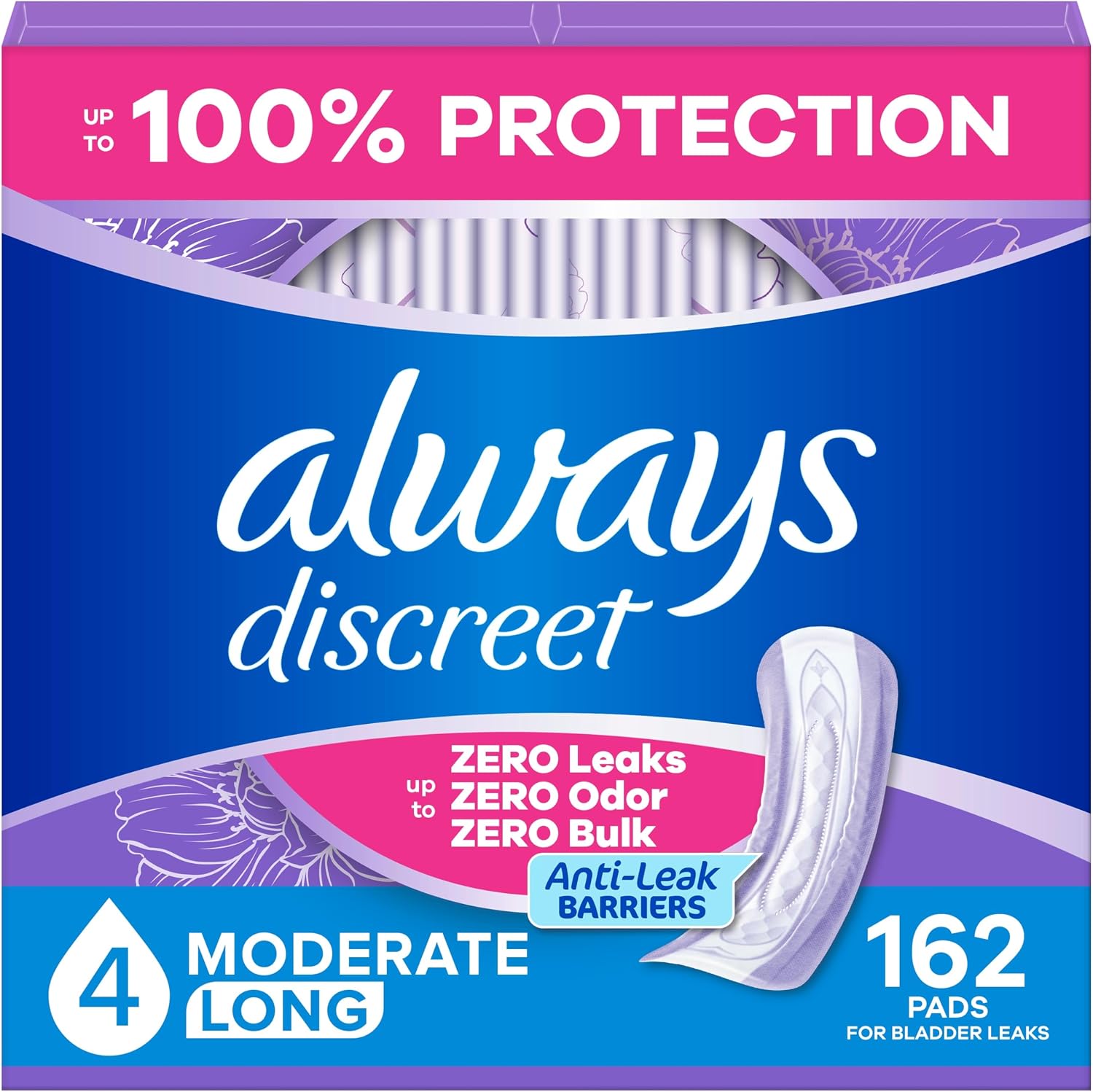 Always Discreet Adult Incontinence Pads for Women, Drier, 4 Drop Long Length, Moderate Absorbency, Pads for Bladder Control Management, Bladder Leaks, & Postpartum Pads, 54ct