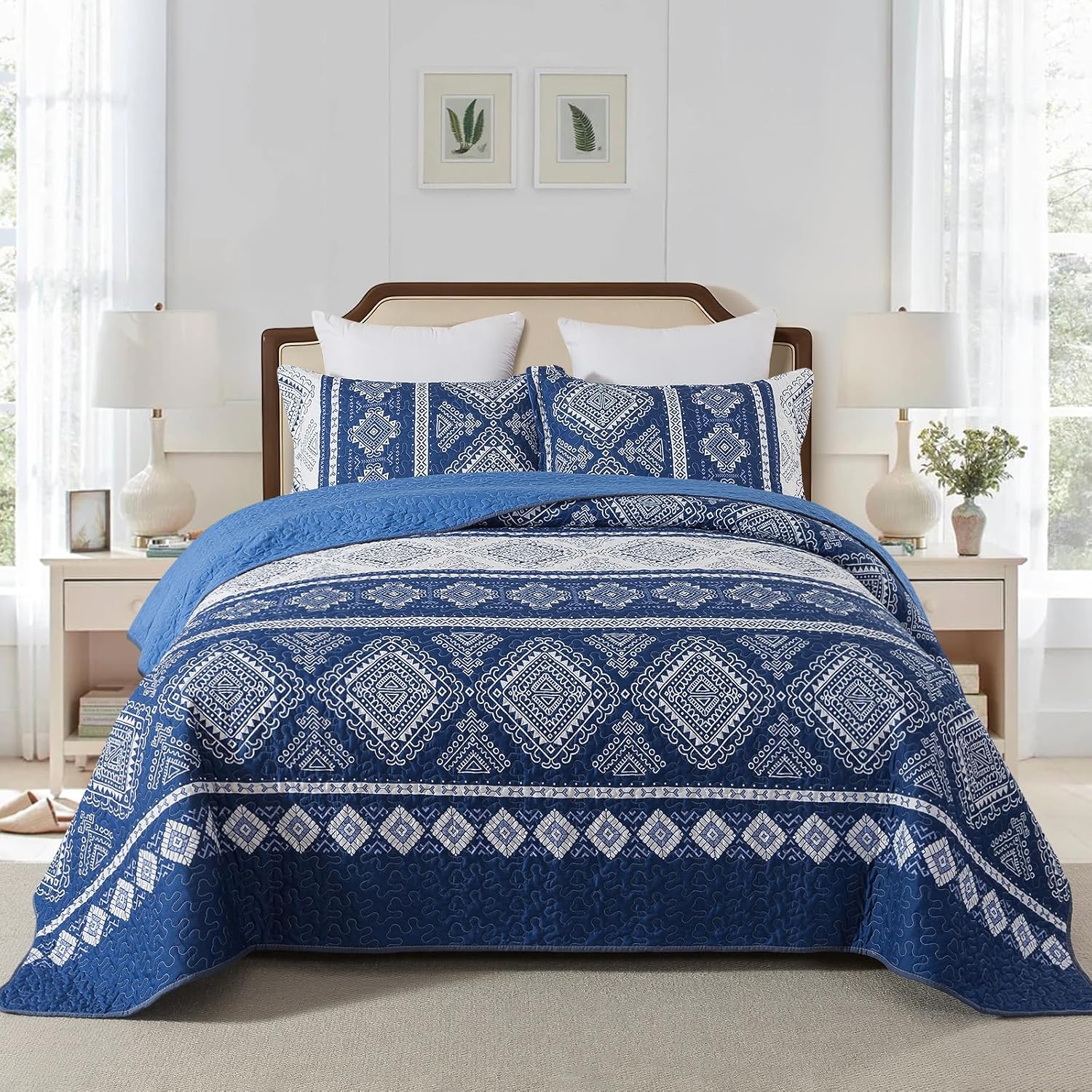 Striped Classical Cotton 3-Piece Patchwork Bedspread Quilt Sets, King Size